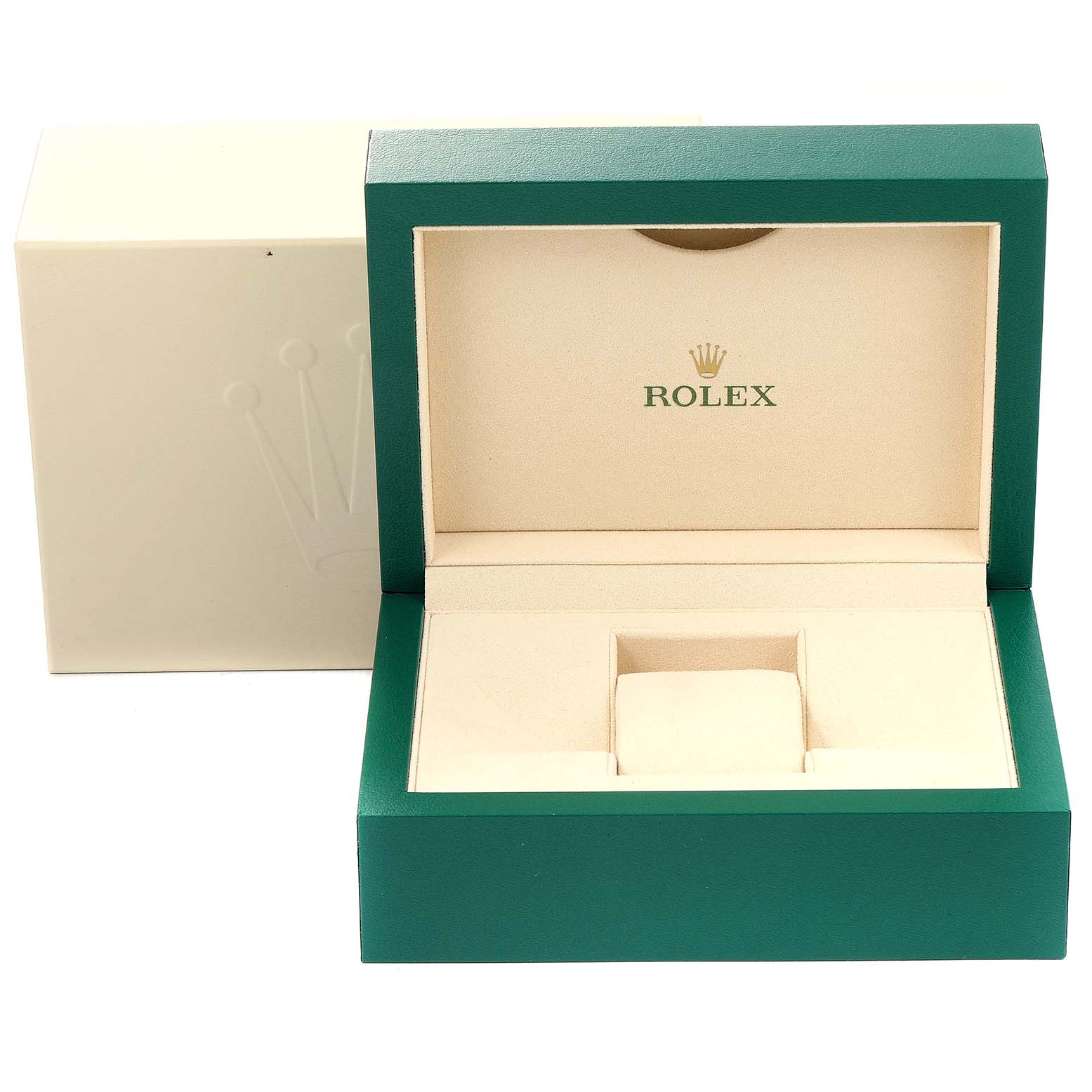 This image shows an open Rolex Yacht-Master 116621 Men's Steel and Gold (two tone) Black Dial 116621 Men's Steel and Gold (two tone) Black Dial watch box with its green and beige interior and exterior.