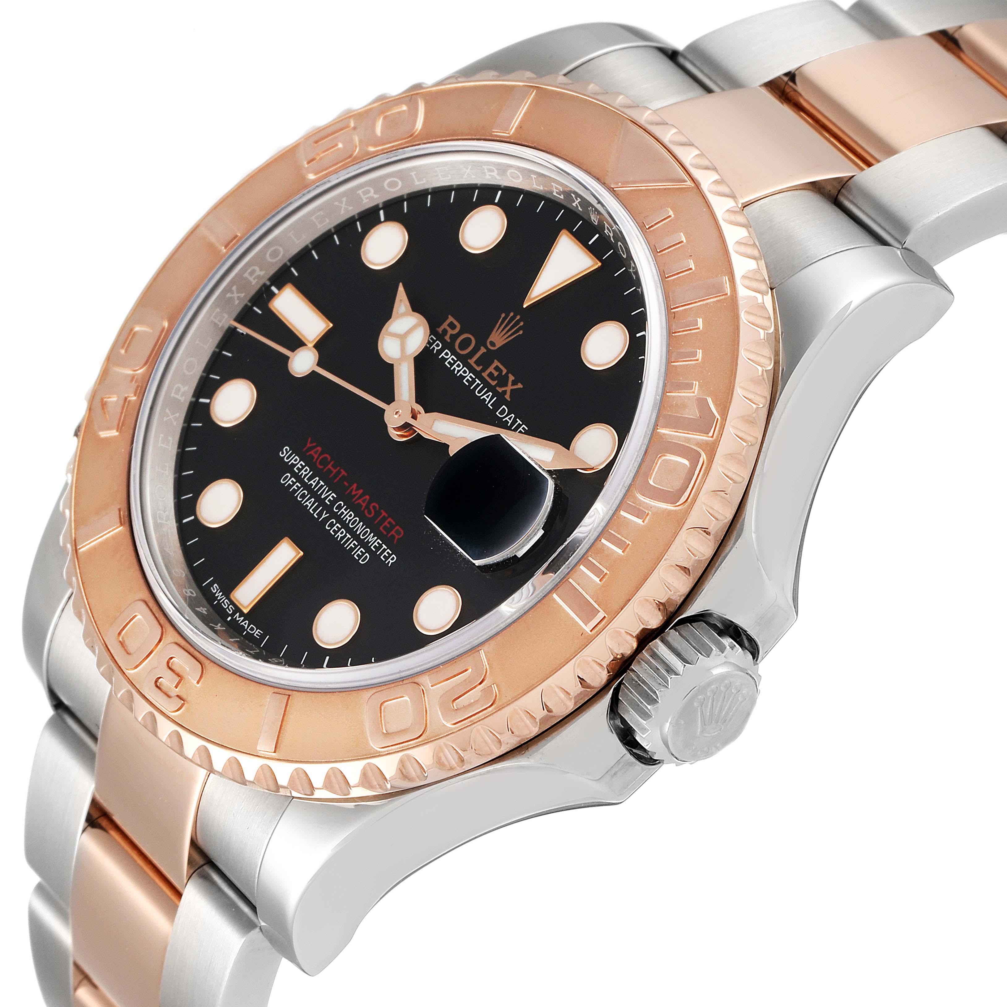 The image shows a side angle of the Rolex Yacht-Master 116621 Men's Steel and Gold (two tone) Black Dial 116621 Men's Steel and Gold (two tone) Black Dial watch, highlighting the bezel, crown, dial, and bracelet.