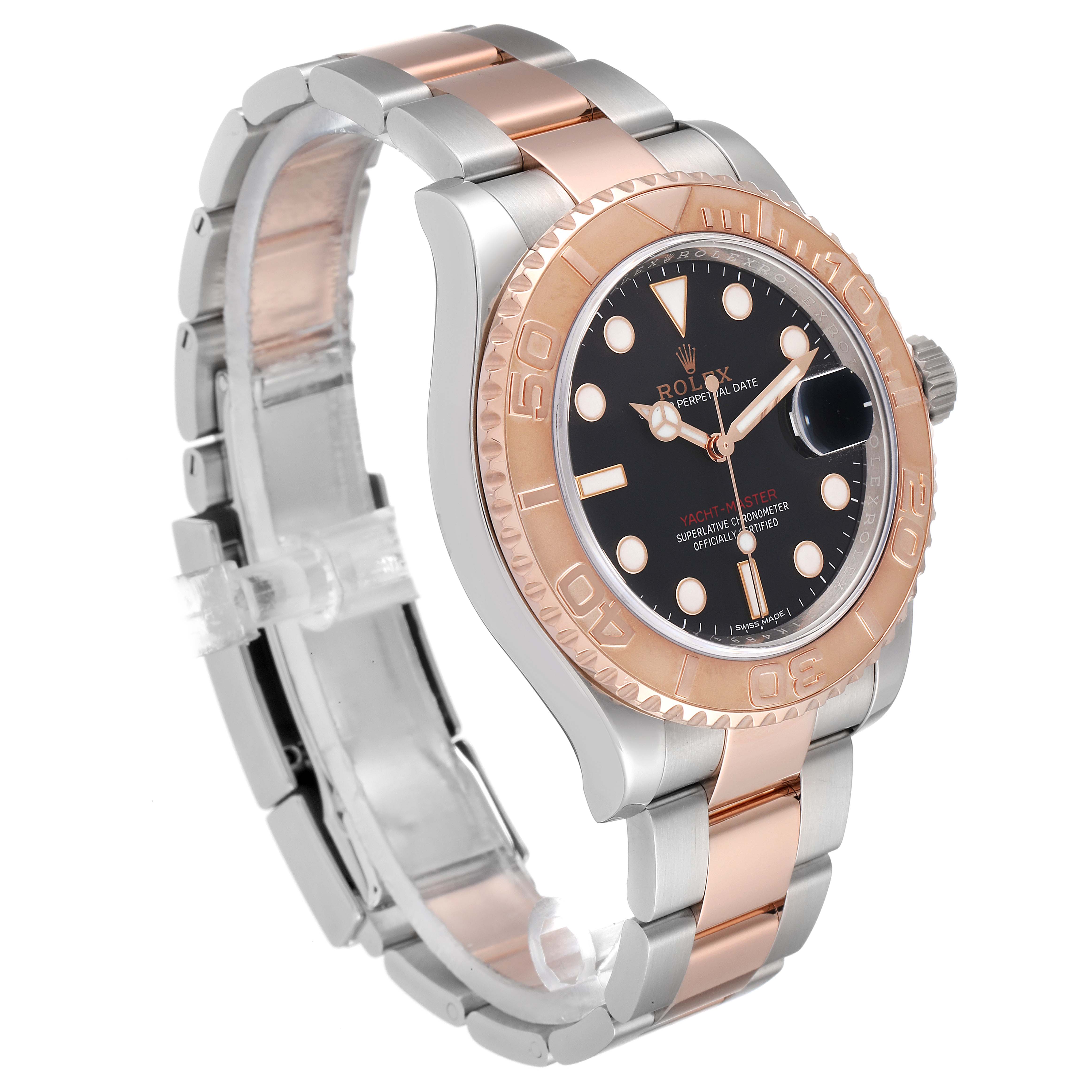 The Rolex Yacht-Master 116621 Men's Steel and Gold (two tone) Black Dial 116621 Men's Steel and Gold (two tone) Black Dial watch is shown at a three-quarter angle, featuring its two-tone bracelet, bezel, and black dial with luminescent markers.