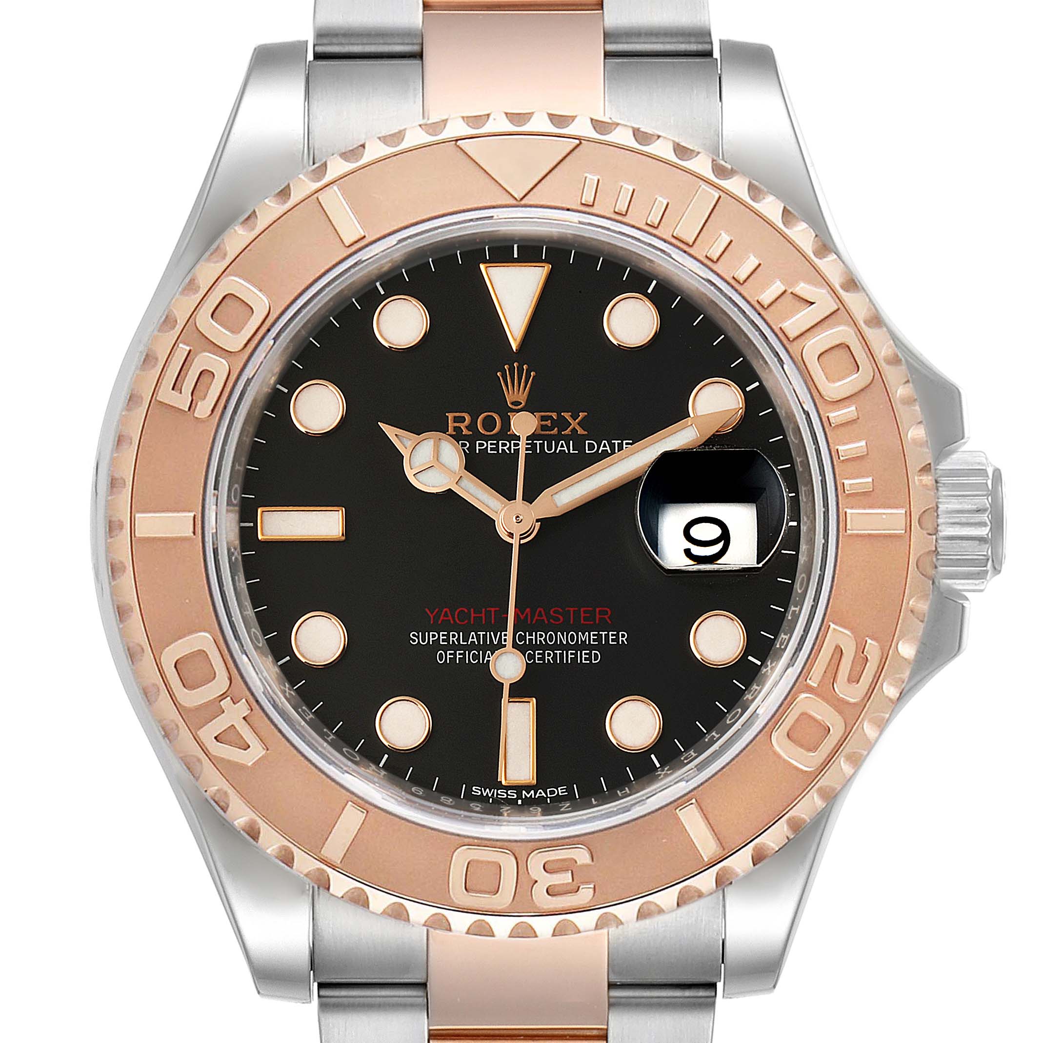 The image shows a frontal view of a Rolex Yacht-Master 116621 Men's Steel and Gold (two tone) Black Dial 116621 Men's Steel and Gold (two tone) Black Dial watch, highlighting the bezel, dial, hands, and bracelet.