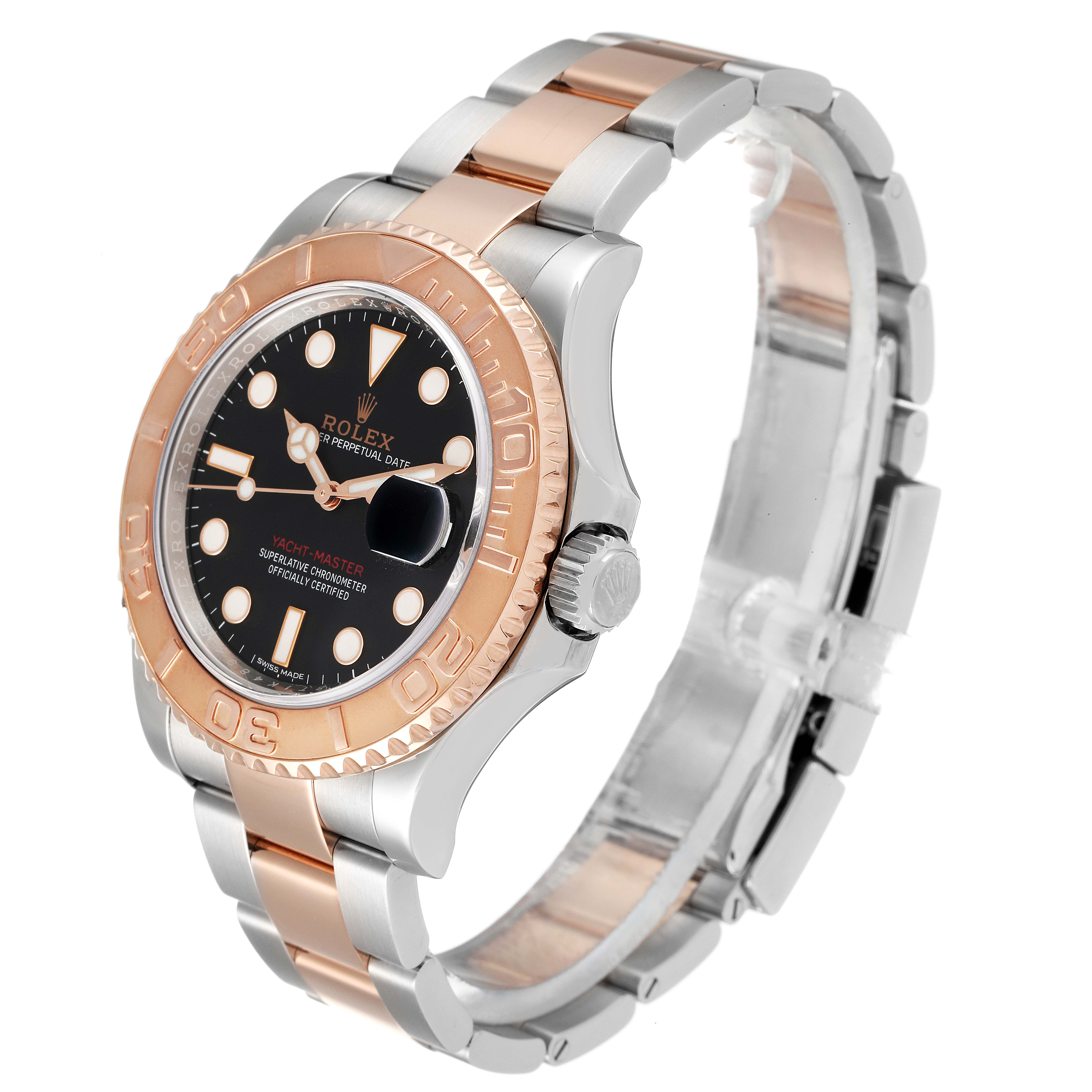 The image shows a Rolex Yacht-Master 116621 Men's Steel and Gold (two tone) Black Dial 116621 Men's Steel and Gold (two tone) Black Dial watch at a three-quarter angle highlighting the face, bezel, and bracelet.