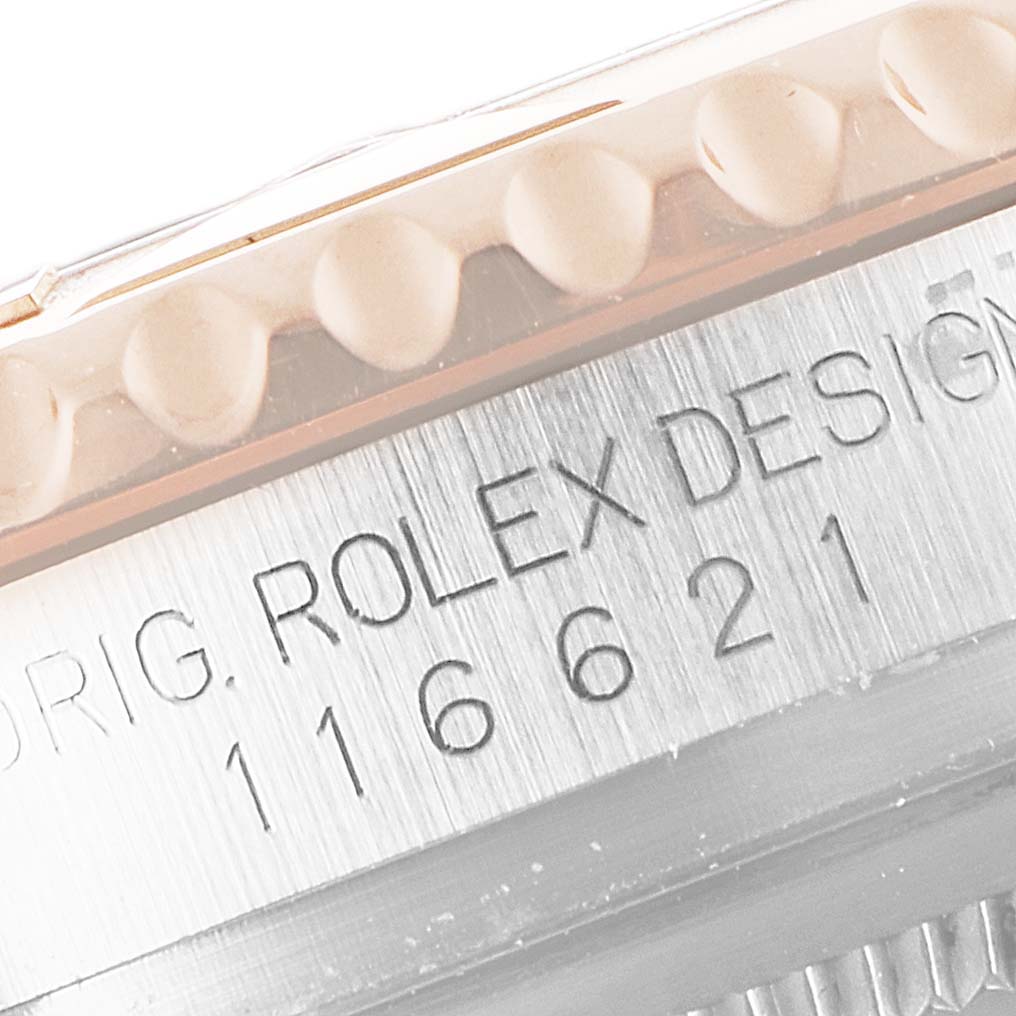 This image shows a close-up of the model number engraving on the case side of the Rolex Yacht-Master 116621 Men's Steel and Gold (two tone) Black Dial 116621 Men's Steel and Gold (two tone) Black Dial watch.