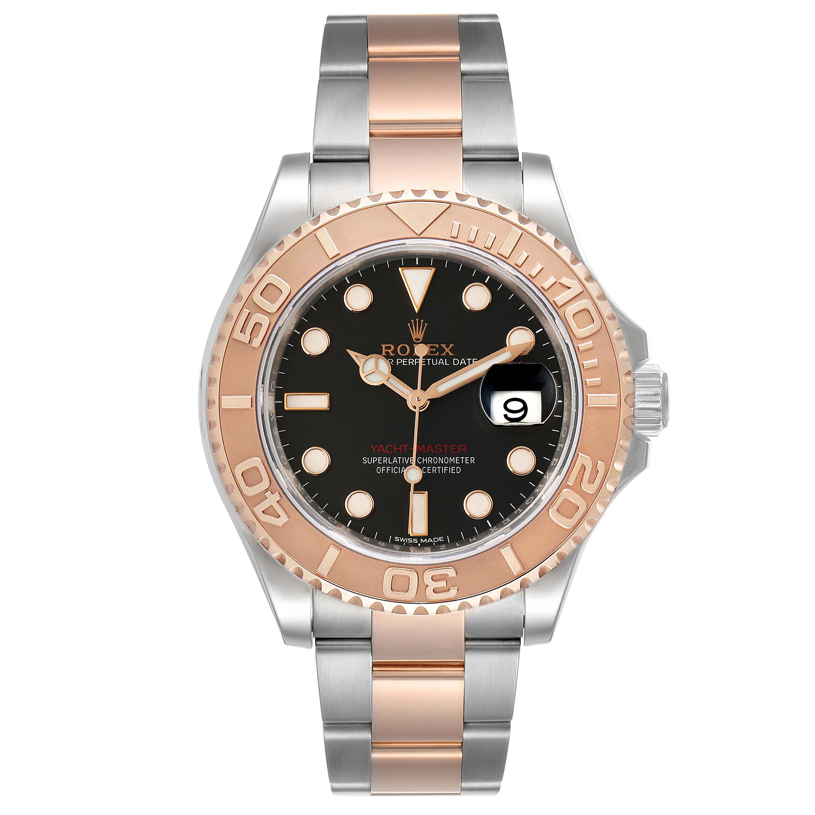 The image shows a front view of the Rolex Yacht-Master 116621 Men's Steel and Gold (two tone) Black Dial 116621 Men's Steel and Gold (two tone) Black Dial watch, highlighting its face, bezel, and bracelet.