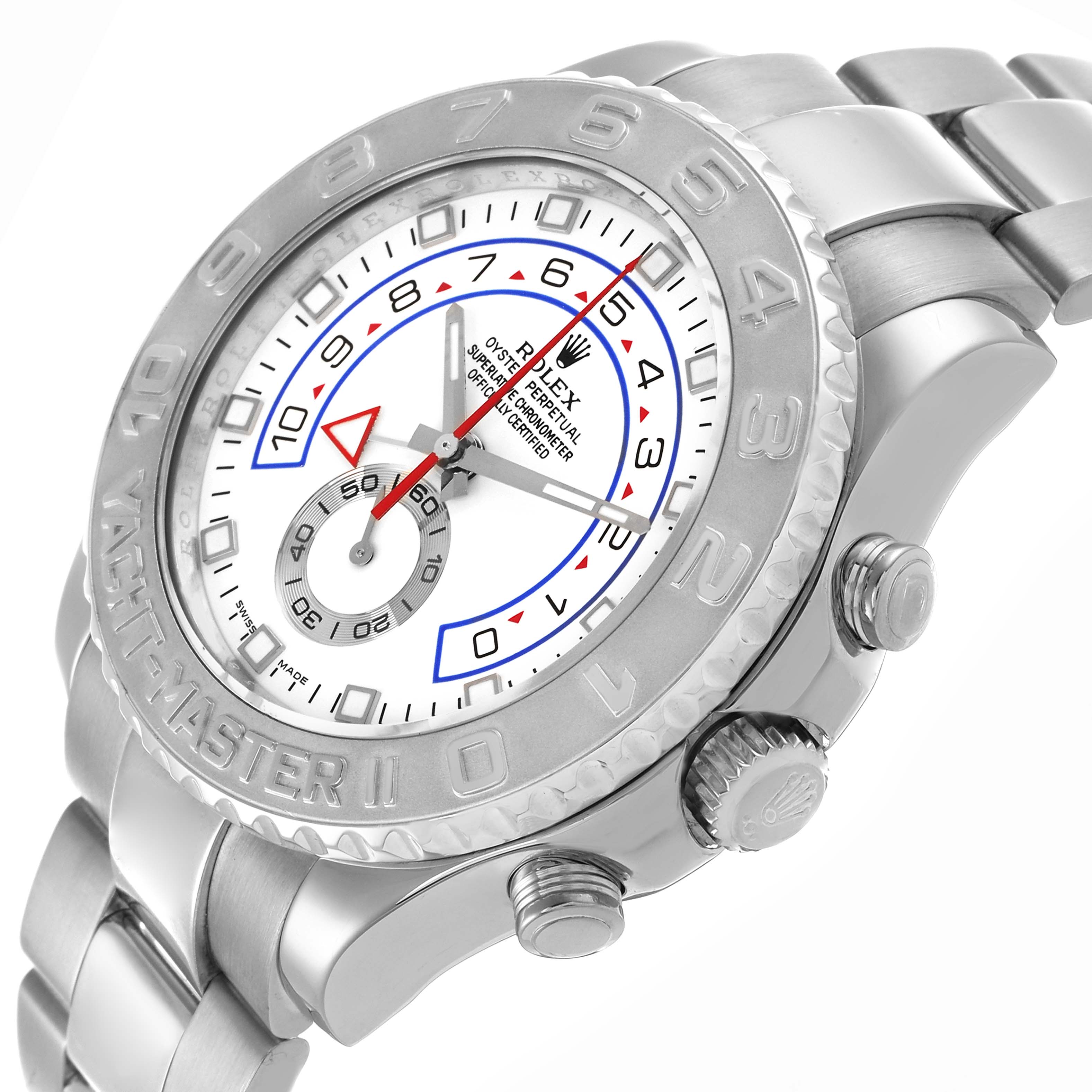 The Rolex Yacht-Master 116689 Men's Platinum White Dial is shown at an angle highlighting the bezel, dial, crown, and bracelet links.