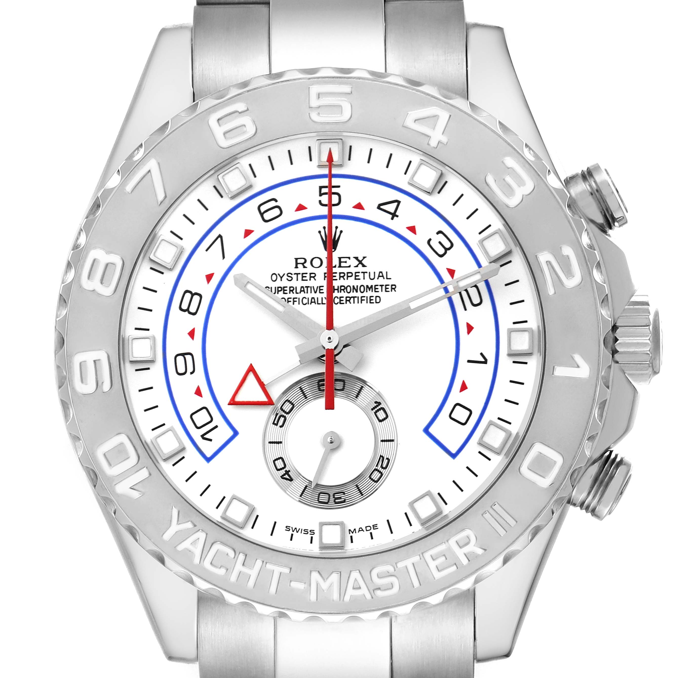 The Rolex Yacht-Master 116689 Men's Platinum White Dial watch is shown from a frontal angle, highlighting the bezel, face, and subdial.
