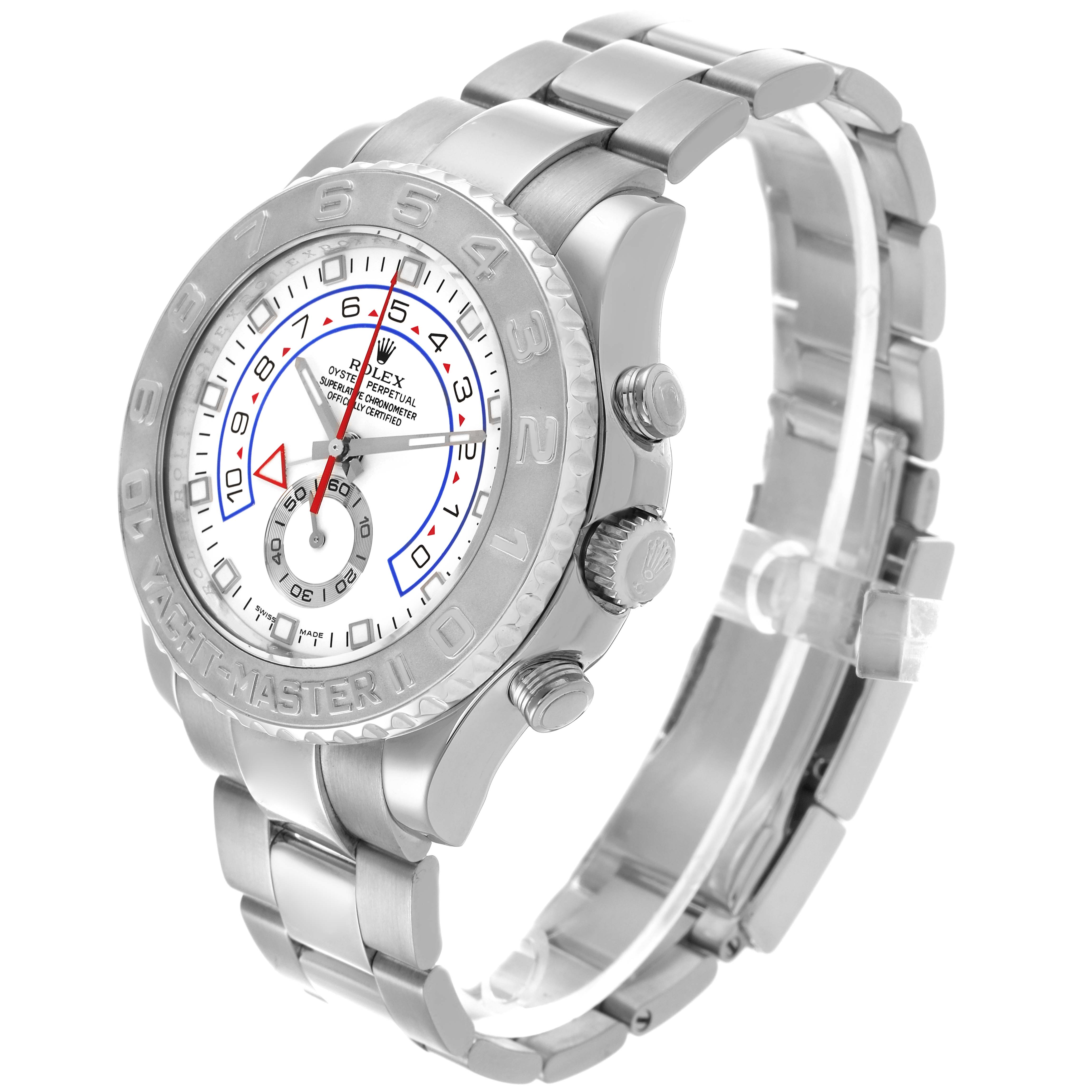 The Rolex Yacht-Master 116689 Men's Platinum White Dial watch is shown at a three-quarter angle, highlighting the bezel, crown, and bracelet details.