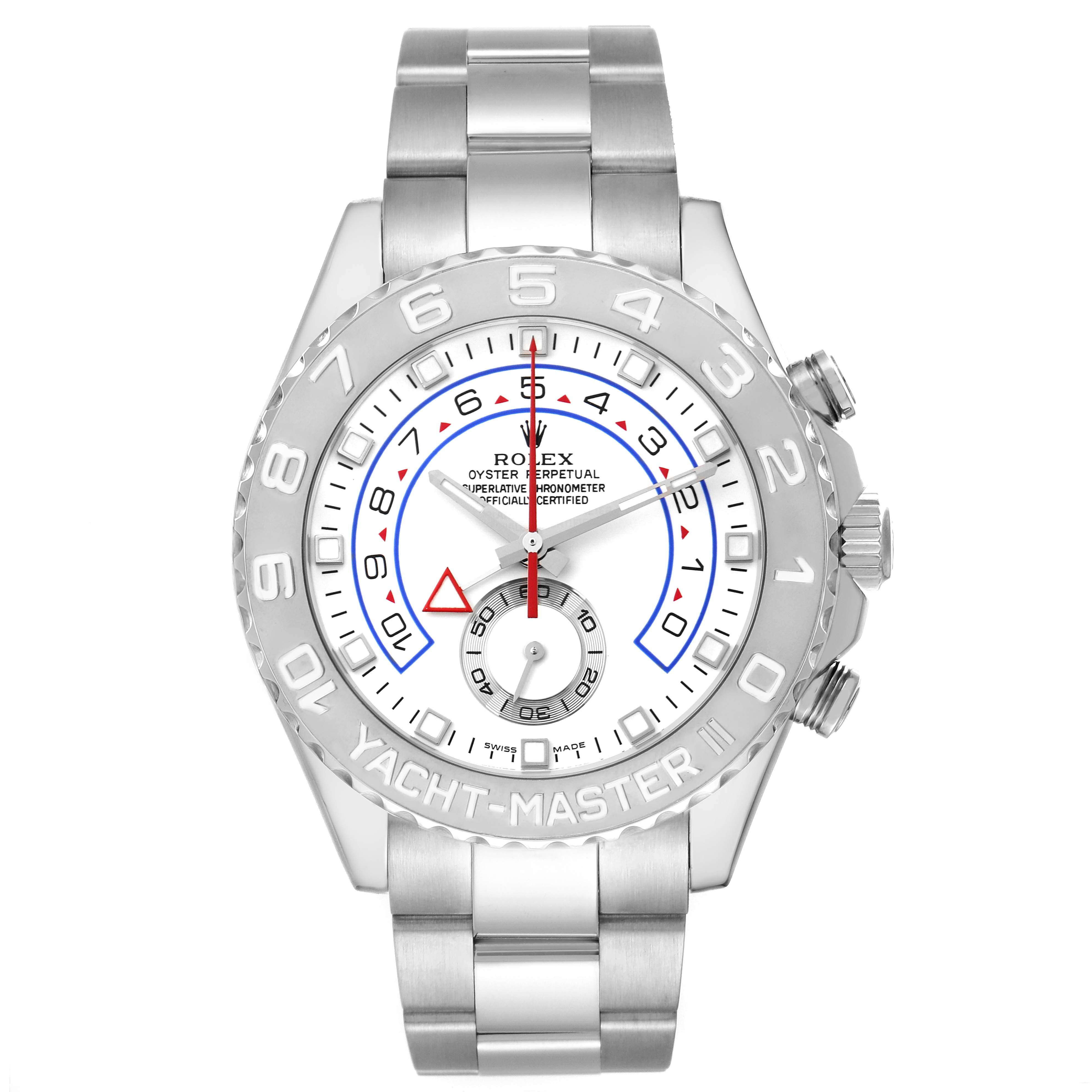 The Rolex Yacht-Master 116689 Men's Platinum White Dial watch is shown from a front angle, displaying the face, bezel, and part of the bracelet.