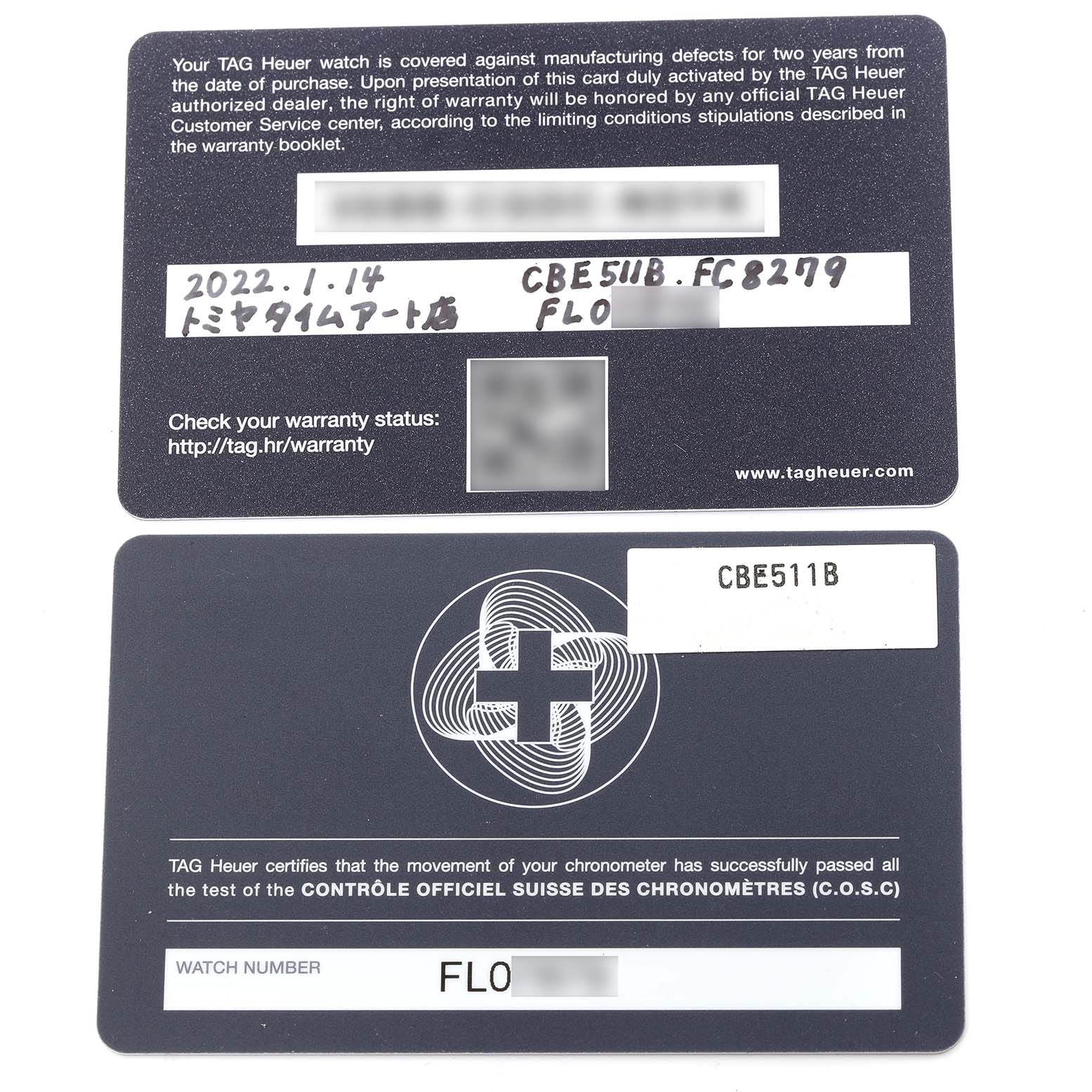 The image shows warranty cards for the Autavia model by Tag Heuer, with details on purchase and certification.