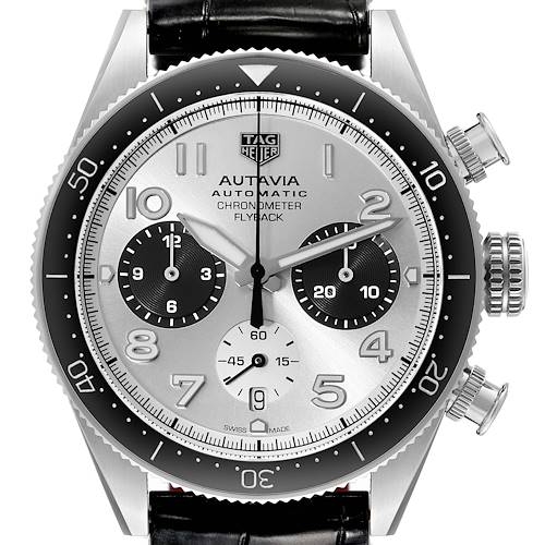 The image shows a front view of the Tag Heuer Autavia Automatic Chronometer Flyback watch, highlighting its dial, bezel, and pushers.