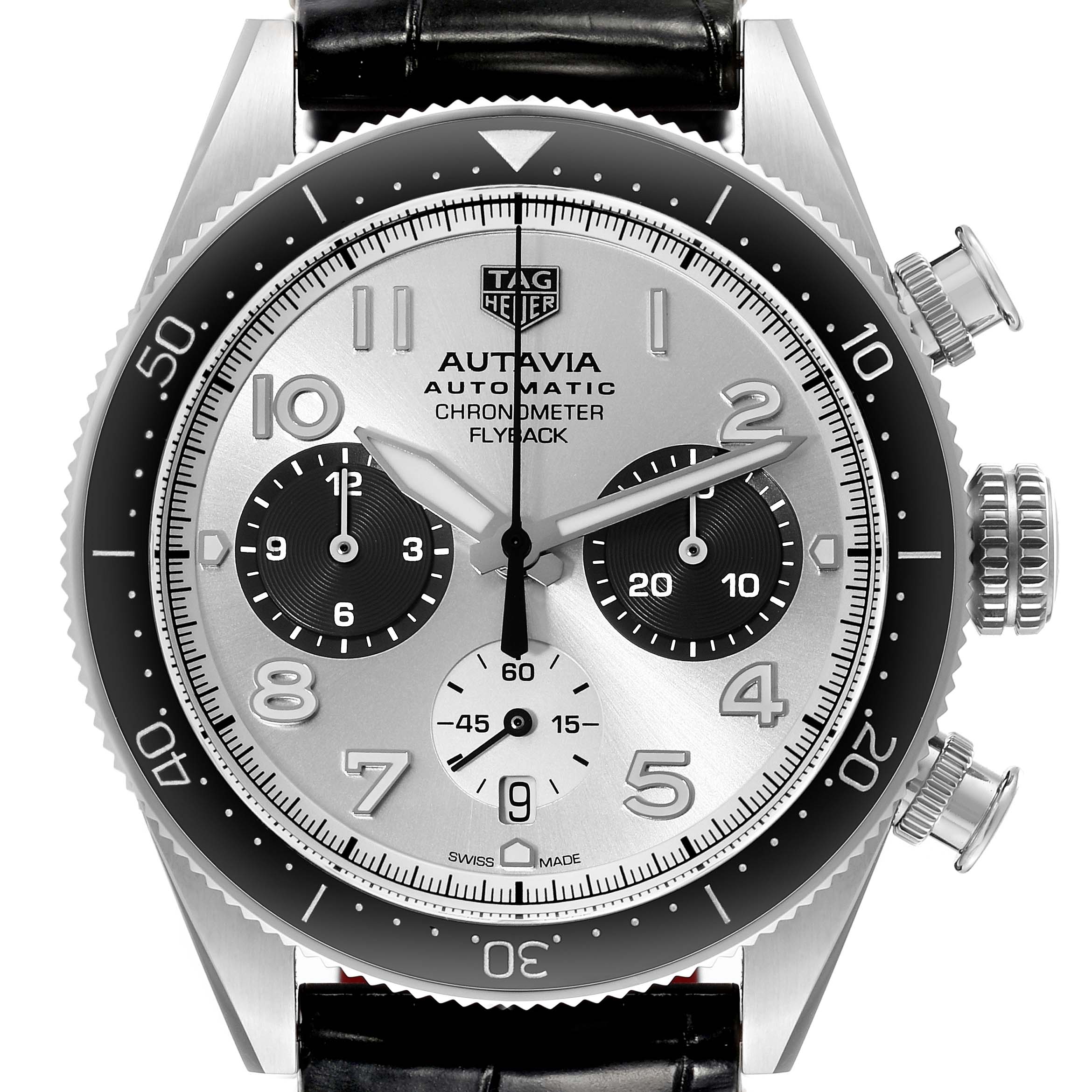 The image shows a close-up frontal view of a Tag Heuer Autavia CBE511B.FC8279 Men's Stainless Steel Black Dial CBE511B.FC8279 Men's Stainless Steel Black Dial watch, highlighting the dial, sub-dials, bezel, and crown.