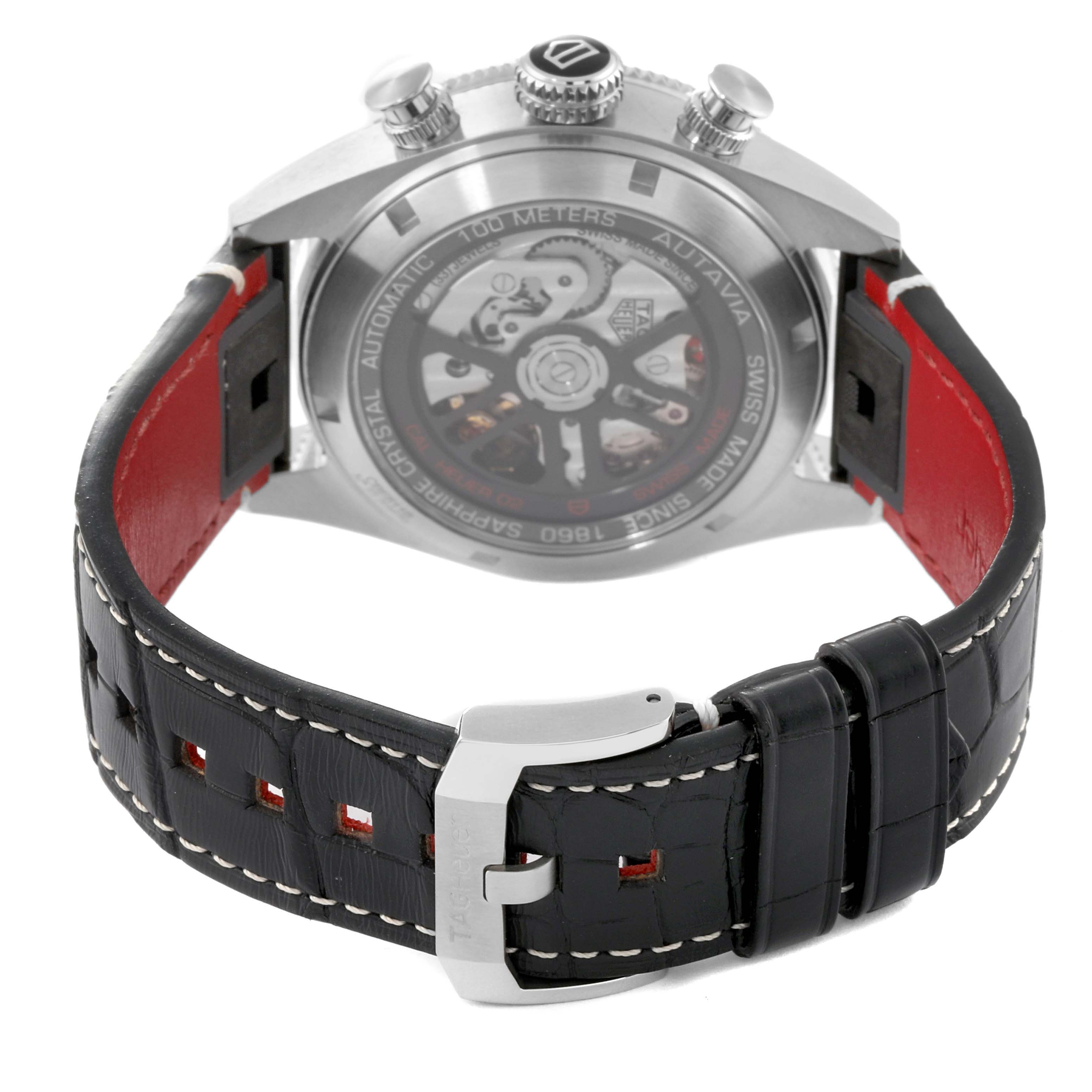 This image shows the back of a Tag Heuer Autavia CBE511B.FC8279 Men's Stainless Steel Black Dial CBE511B.FC8279 Men's Stainless Steel Black Dial watch, focusing on the strap and the transparent case back.