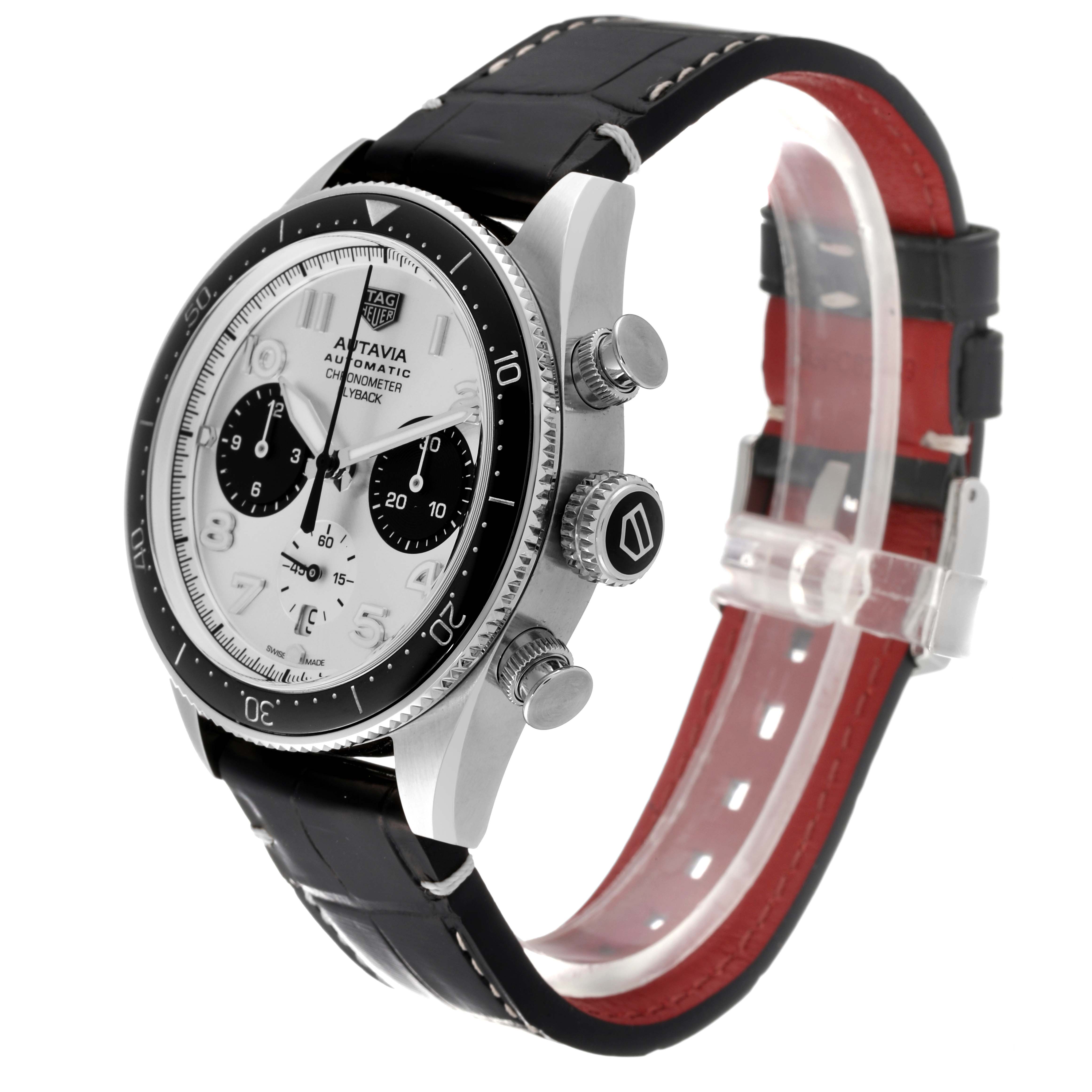 The image shows a side angle view of a Tag Heuer Autavia CBE511B.FC8279 Men's Stainless Steel Black Dial CBE511B.FC8279 Men's Stainless Steel Black Dial watch, featuring its dial, bezel, crown, pushers, and black leather strap.