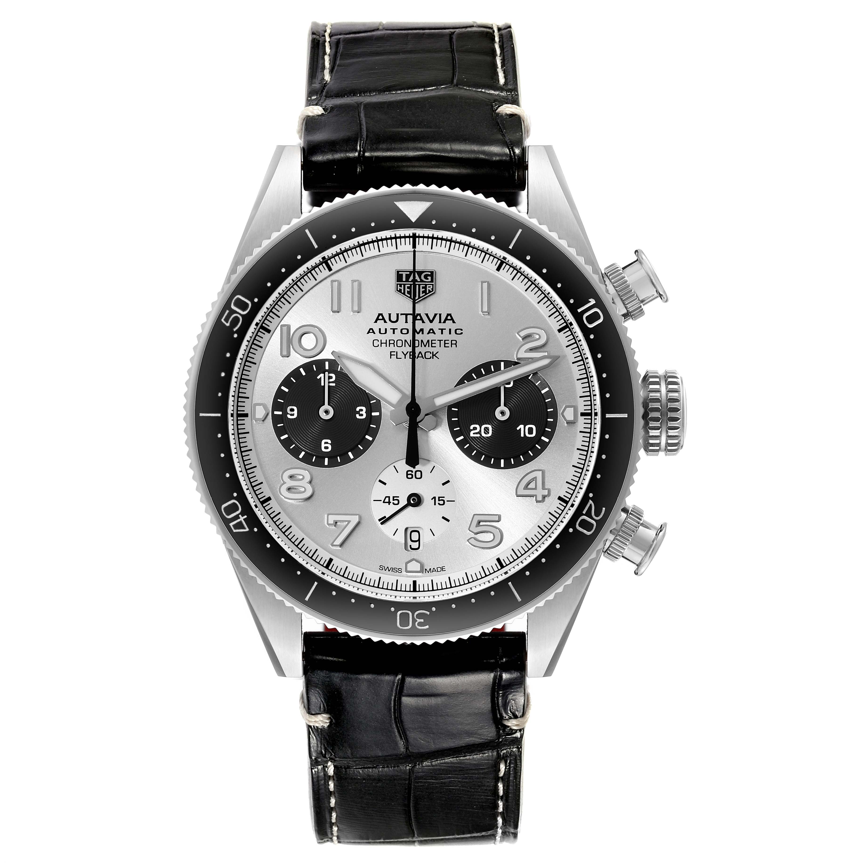 The image shows a front view of the Tag Heuer Autavia CBE511B.FC8279 Men's Stainless Steel Black Dial CBE511B.FC8279 Men's Stainless Steel Black Dial model watch with its dial, bezel, and leather strap clearly visible.