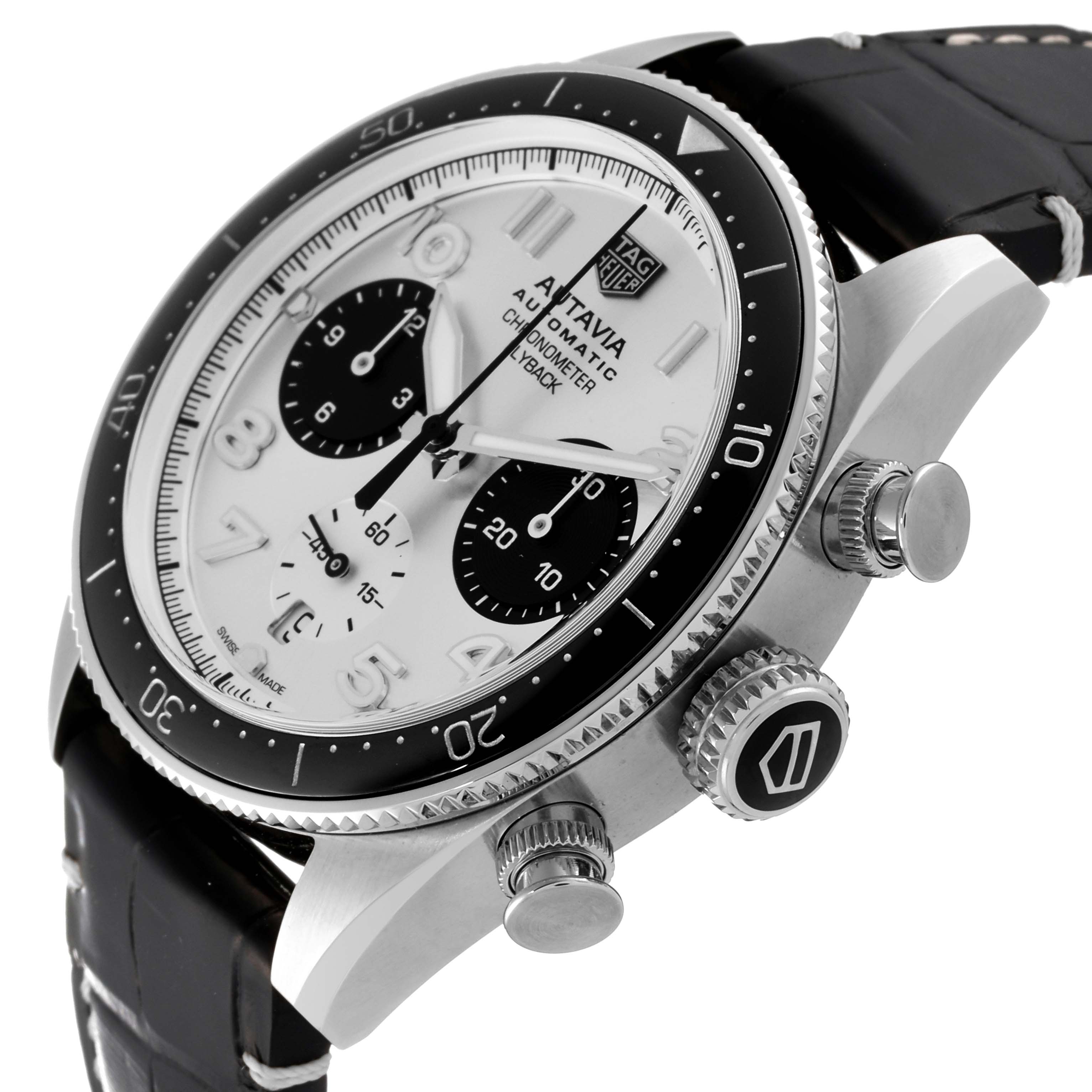 The image shows a side-angle view of a Tag Heuer Autavia CBE511B.FC8279 Men's Stainless Steel Black Dial CBE511B.FC8279 Men's Stainless Steel Black Dial watch, focusing on its dial, bezel, and crown.