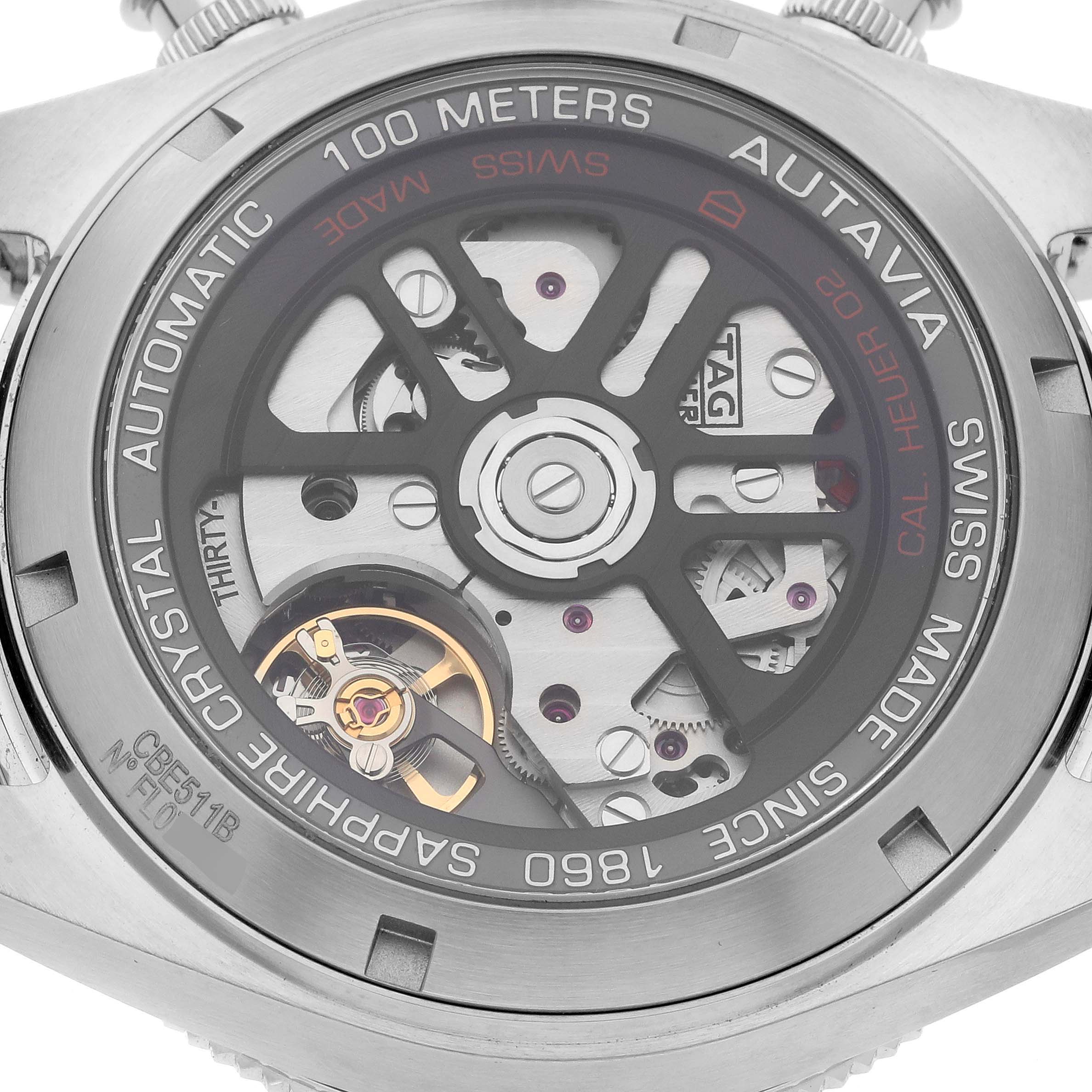 This is the rear view of a Tag Heuer Autavia CBE511B.FC8279 Men's Stainless Steel Black Dial CBE511B.FC8279 Men's Stainless Steel Black Dial watch showcasing its automatic movement through a transparent case back.