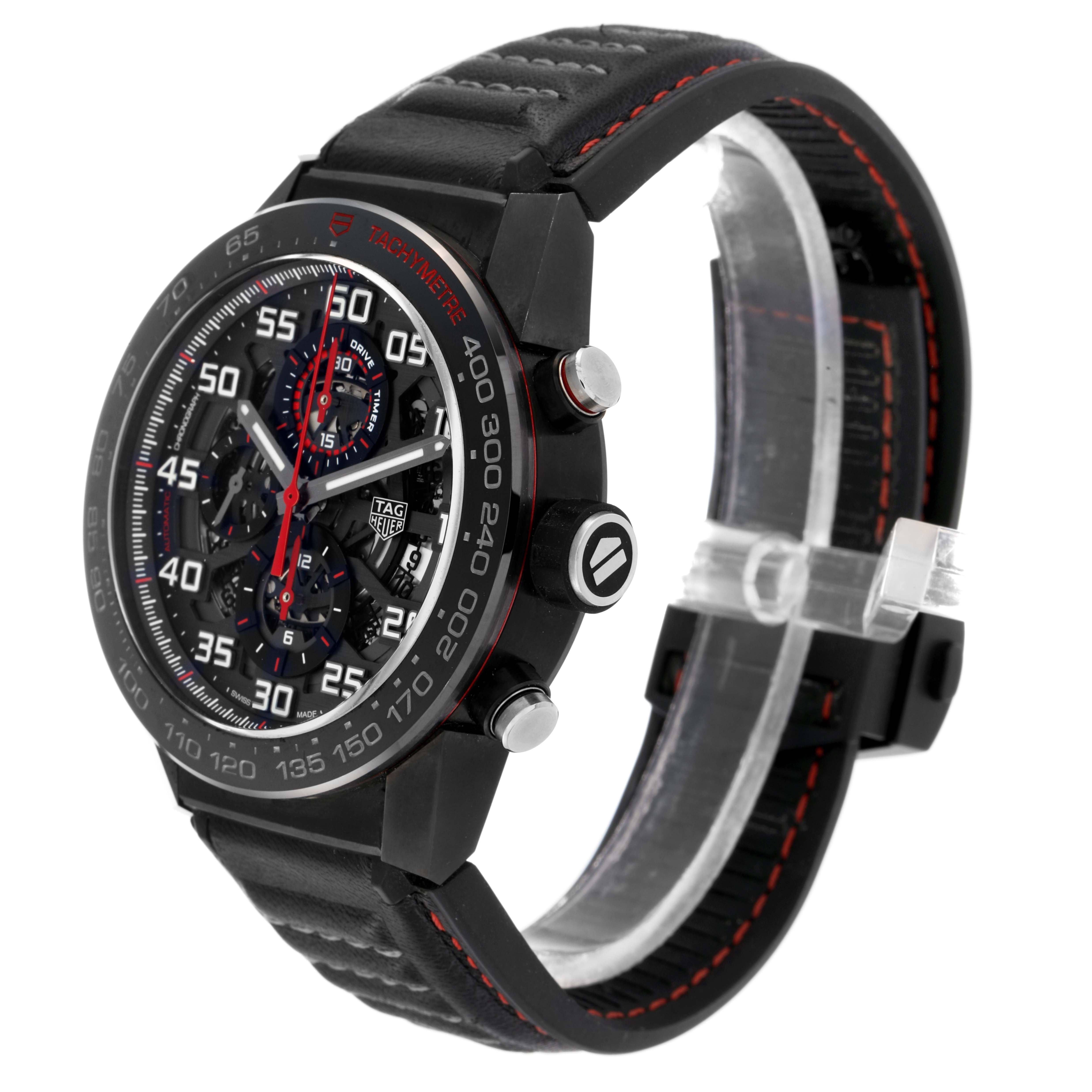 The Tag Heuer Carrera CAR2A1H Men
s Stainless Steel Transparent Dial watch is shown at a three-quarter angle, highlighting the face, bezel, pushers, and part of the strap.