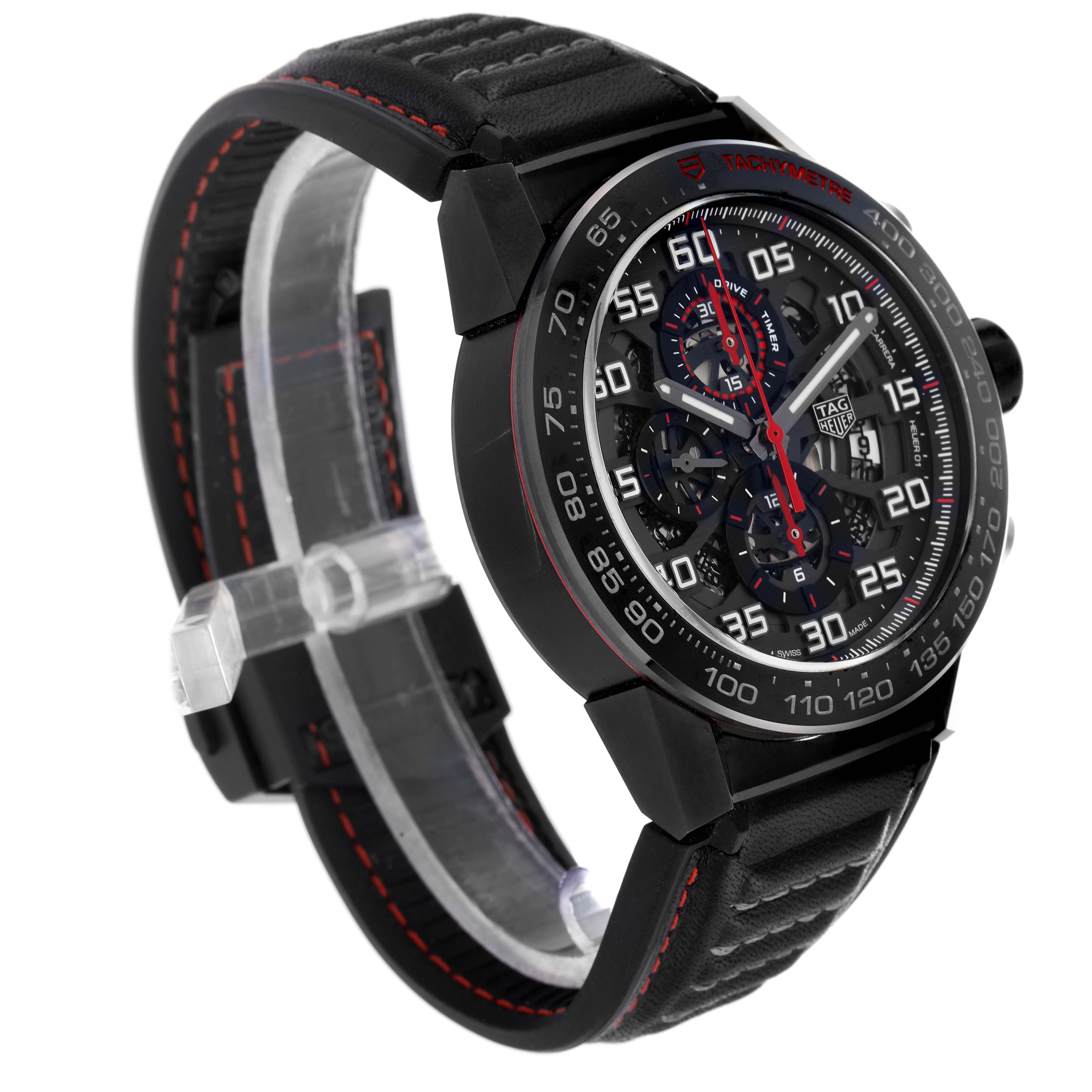 The image shows a side-angle view of a Tag Heuer Carrera CAR2A1H Men
s Stainless Steel Transparent Dial watch, highlighting the bezel, intricate dial, and leather strap.