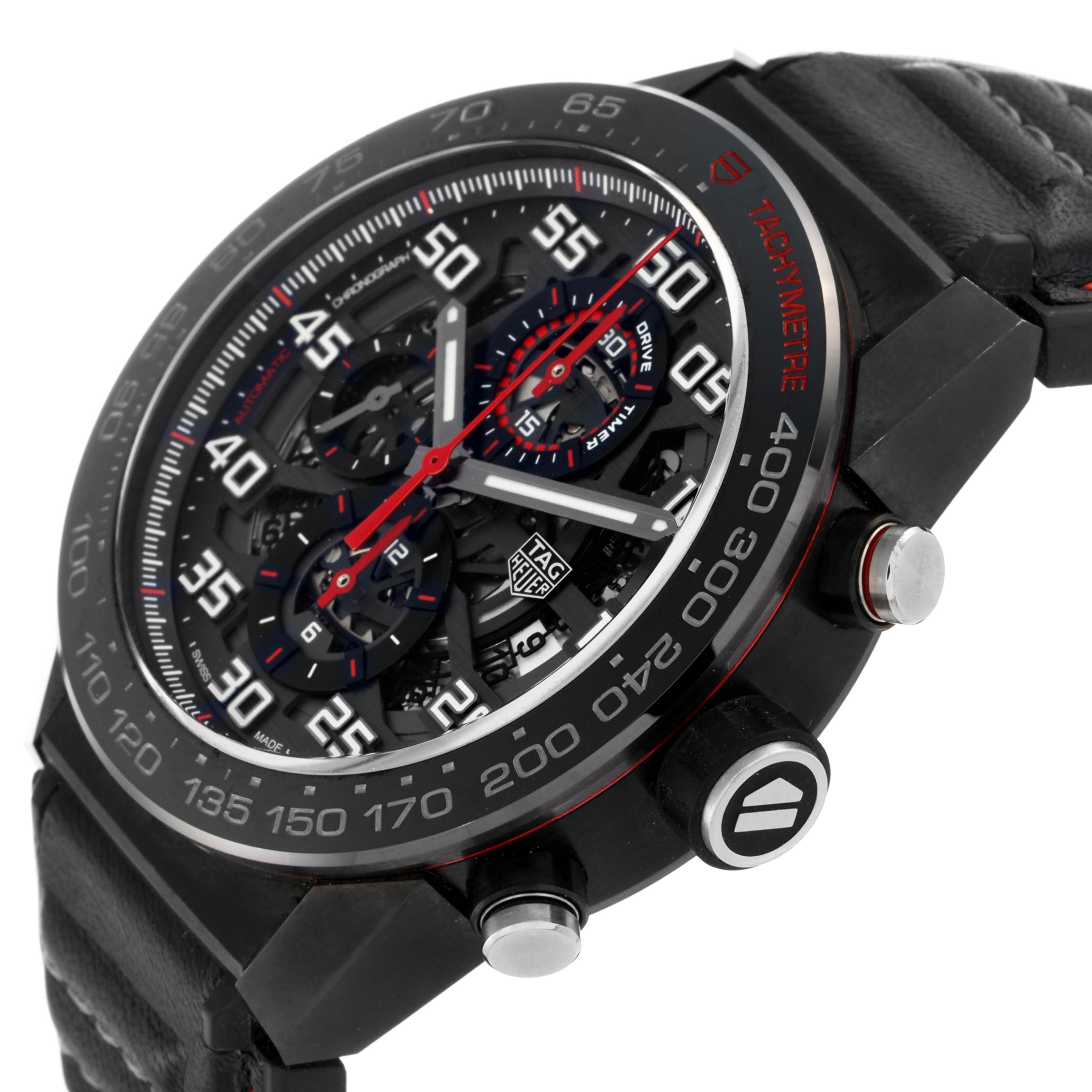 The Tag Heuer Carrera CAR2A1H Men
s Stainless Steel Transparent Dial watch is shown at an oblique angle, featuring its detailed face, bezel with tachymeter, and side buttons.