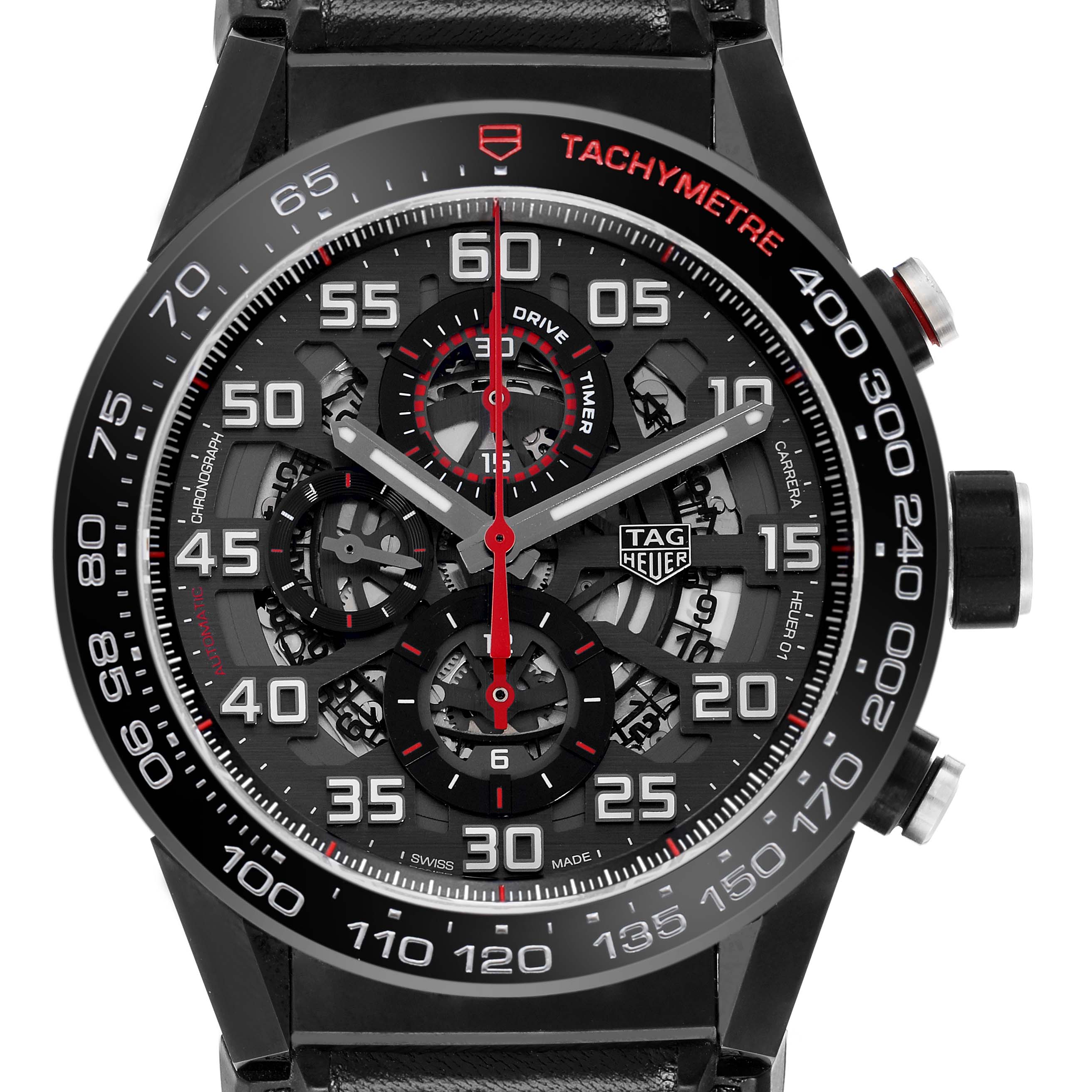 The Tag Heuer Carrera CAR2A1H Men
s Stainless Steel Transparent Dial watch is shown from the front, displaying its skeleton dial, tachymeter bezel, and chronograph subdials.