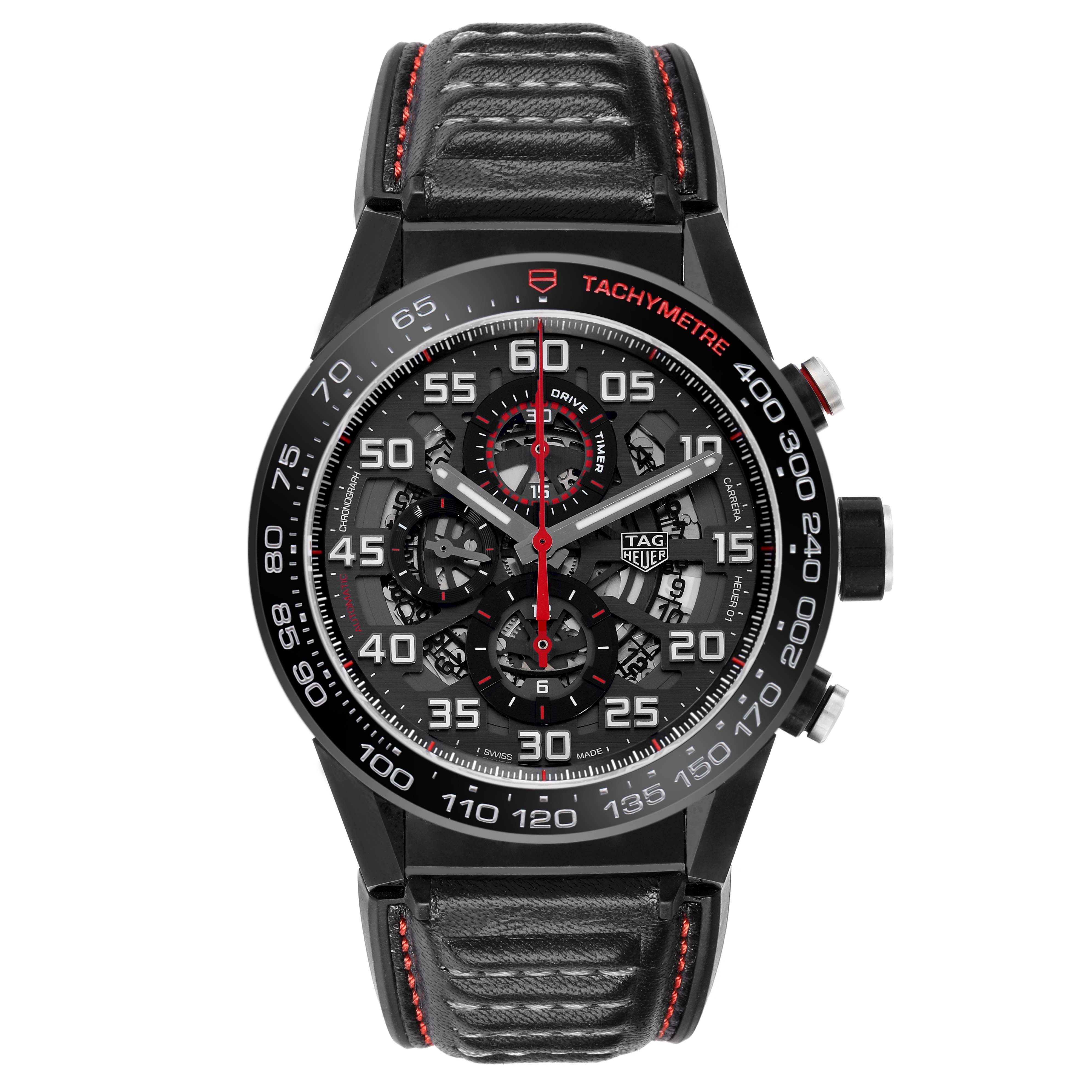 The Tag Heuer Carrera CAR2A1H Men
s Stainless Steel Transparent Dial watch is shown from a front view, highlighting its dial, tachymeter bezel, and strap with red stitching.