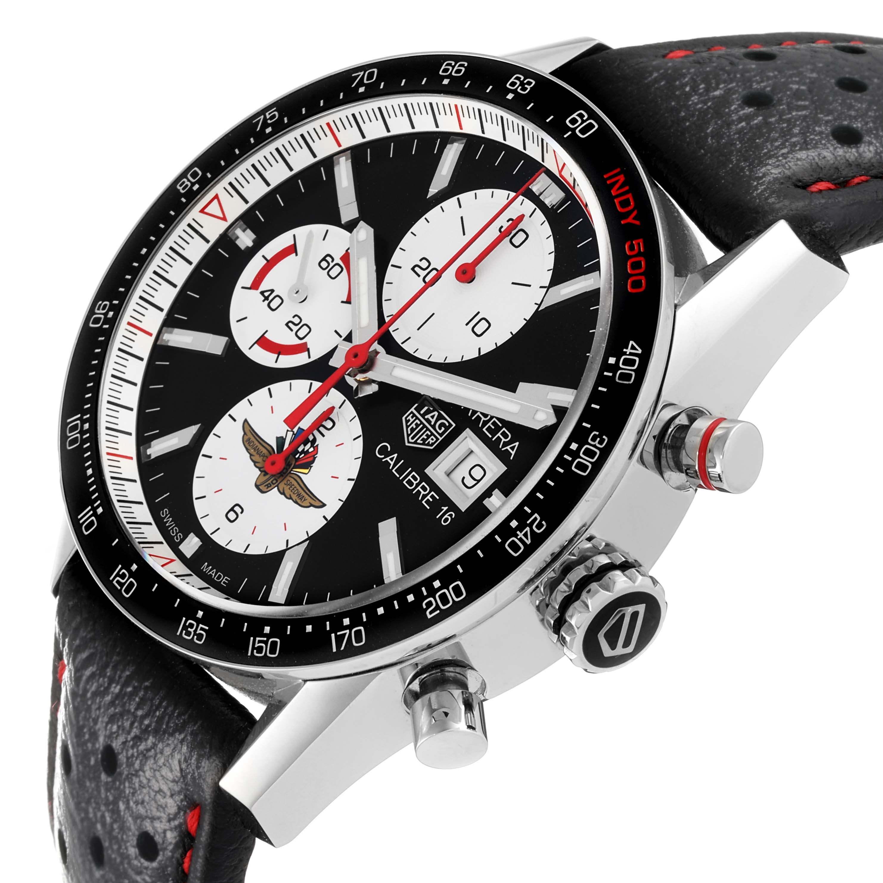 The image shows a side angle of the Tag Heuer Carrera Calibre 16 Limited Edition watch, highlighting the dial, bezel, and pushers.