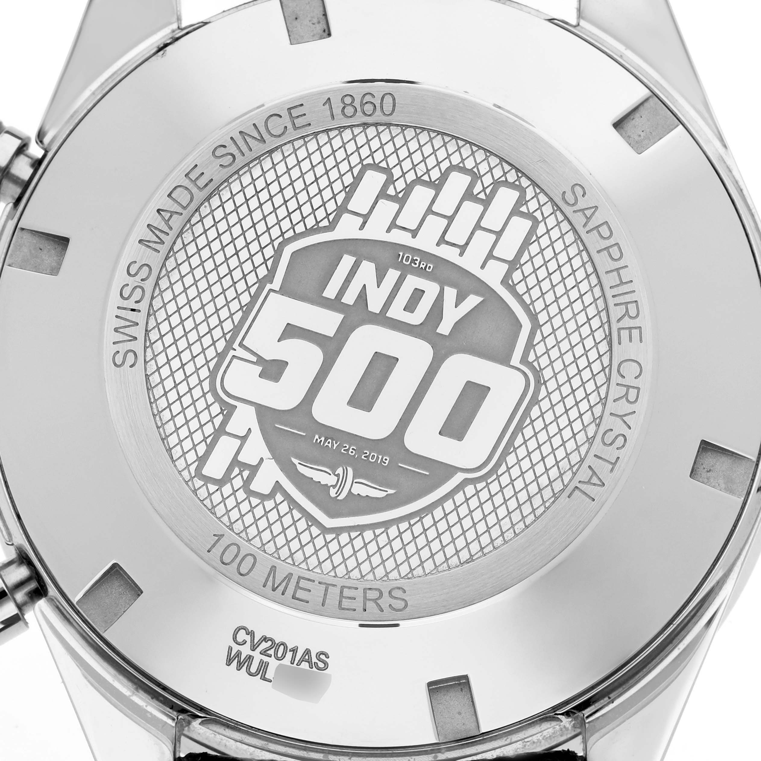 The image shows the back case of the Limited Edition Tag Heuer Indy 500 watch, highlighting the engravings and specifications.