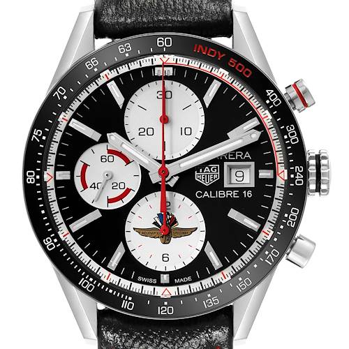 The image shows a close-up of the face and bezel of the Tag Heuer Carrera Calibre 16 Indy 500 Limited Edition watch.