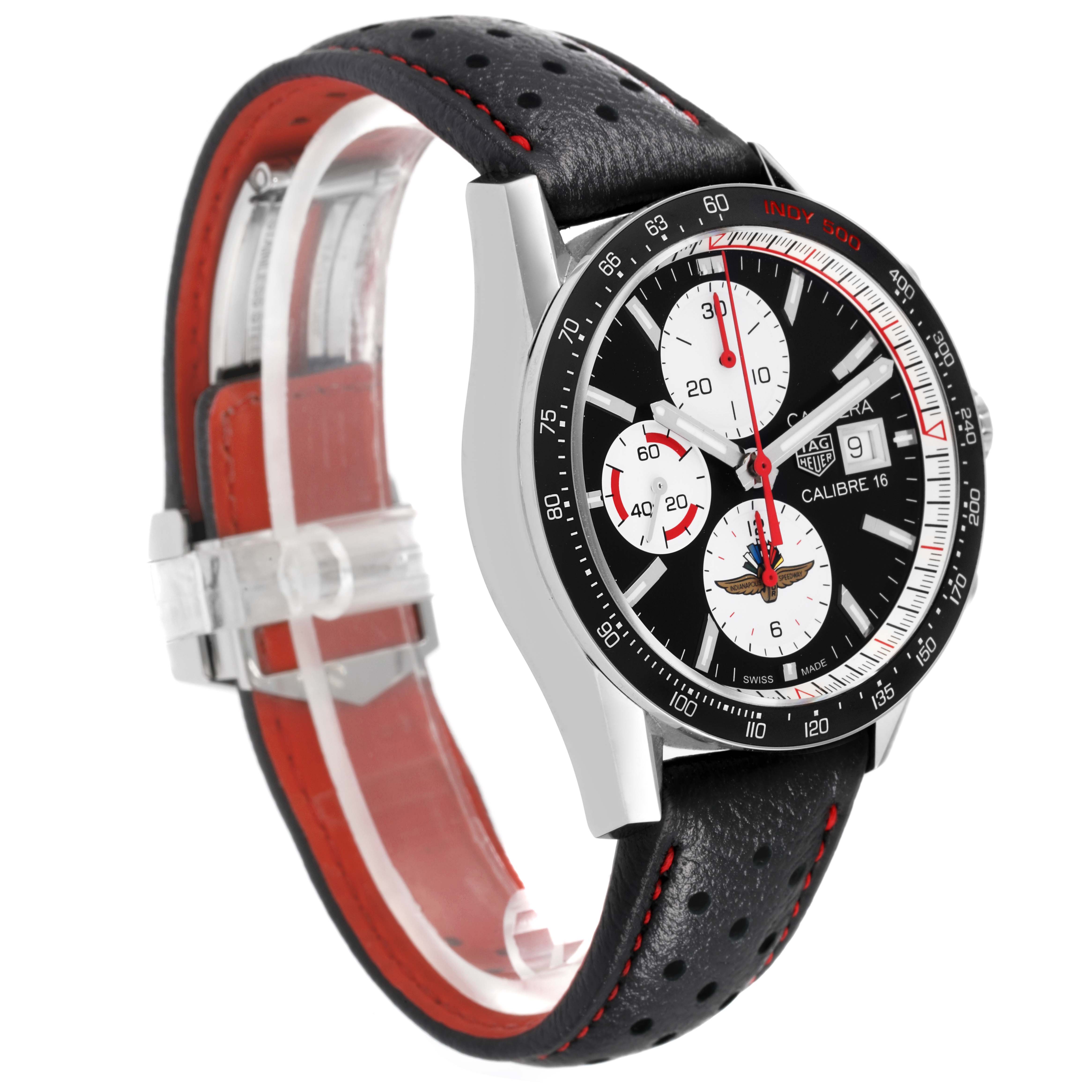 The Tag Heuer Limited Edition CV201AS Men's Stainless Steel Black Dial CV201AS Men's Stainless Steel Black Dial model is shown from a side angle, highlighting its black dial, chronograph subdials, and black leather strap with red stitching.