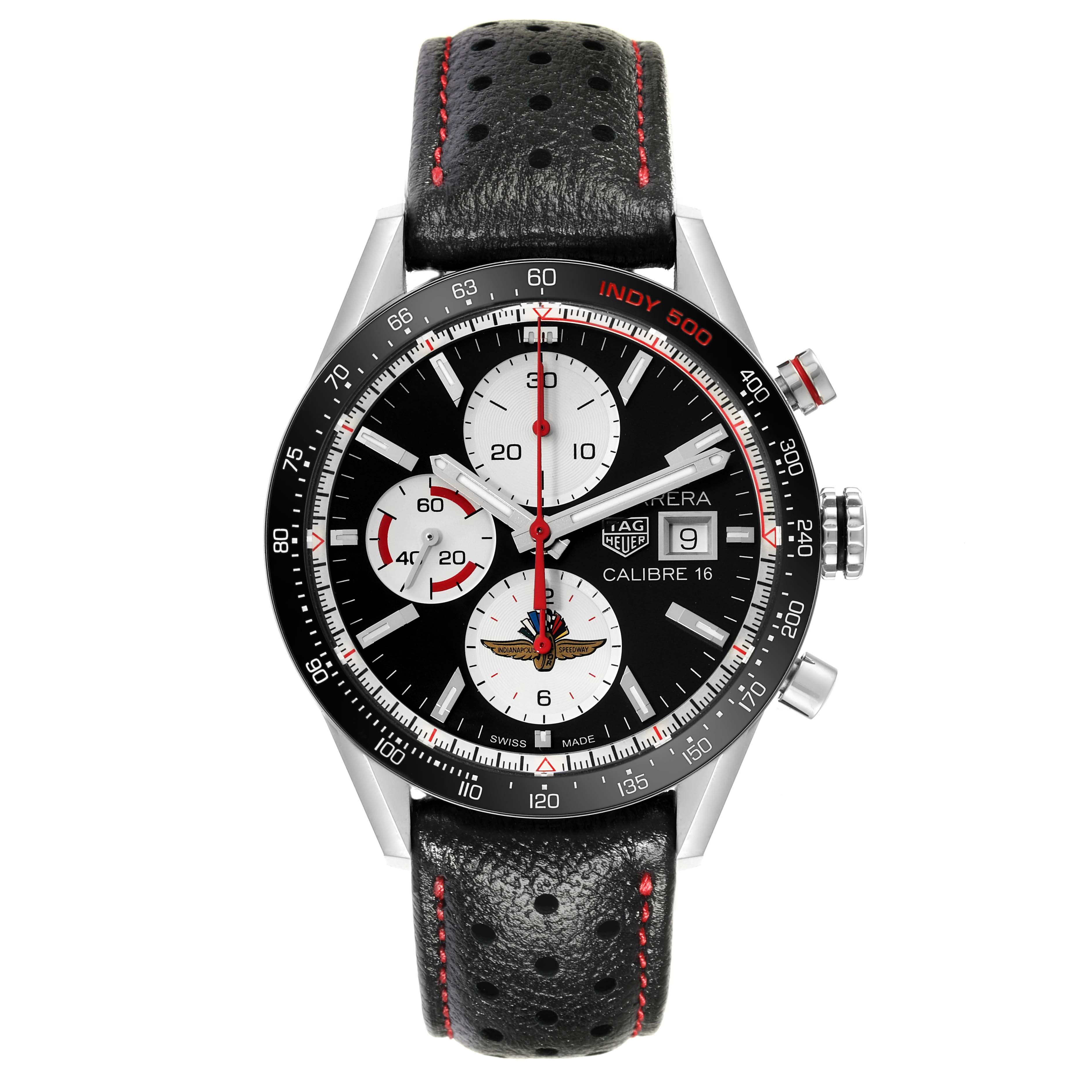 The Tag Heuer Carrera Calibre 16 Limited Edition watch is shown from a top-down angle, highlighting its dial, bezel, and perforated leather strap.