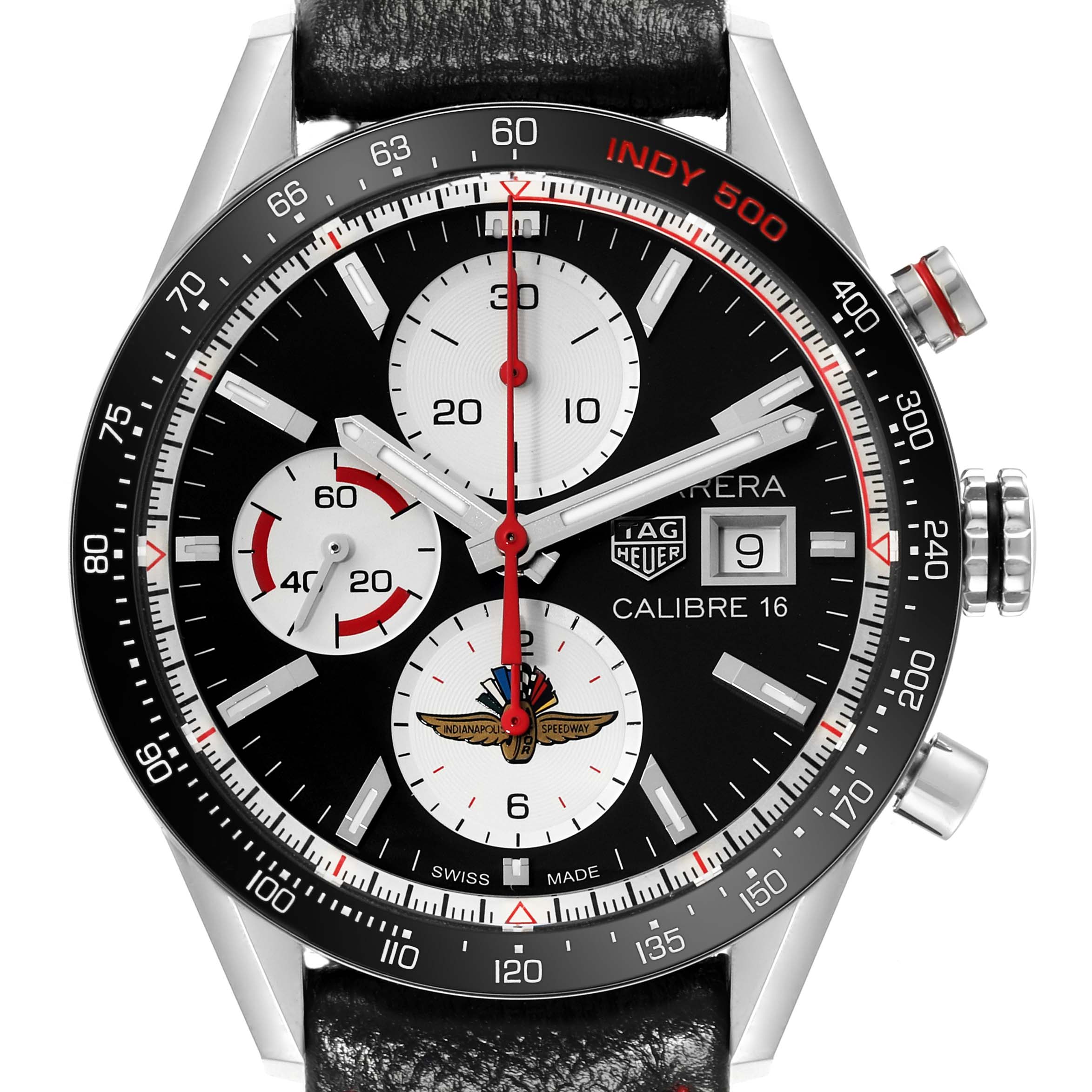 The image shows a frontal view of the Tag Heuer Carrera Calibre 16 Indy 500 Limited Edition watch, highlighting the face and bezel.