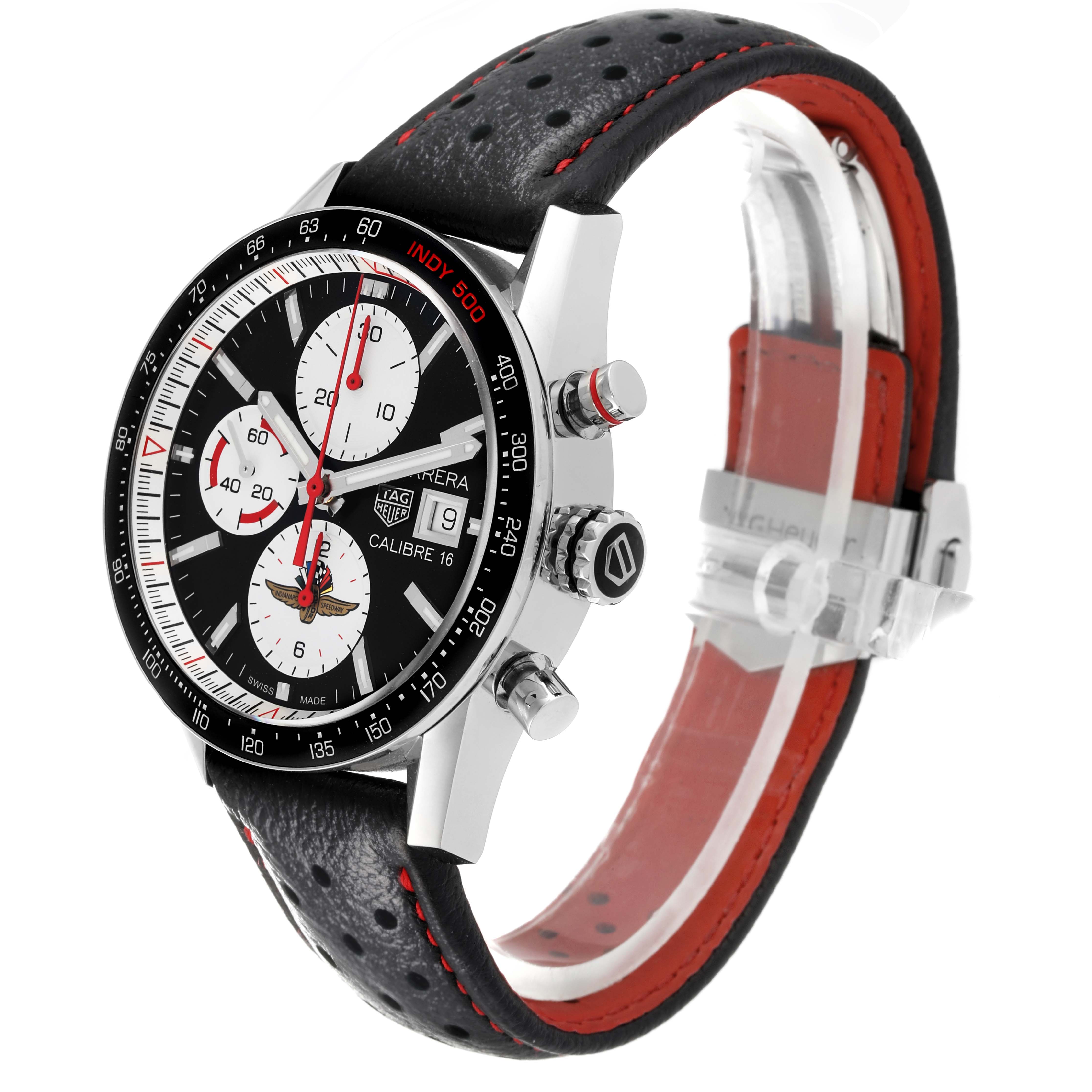 The image shows a side angle of the Tag Heuer Carrera Calibre 16 Limited Edition watch, highlighting its face, crown, and strap.