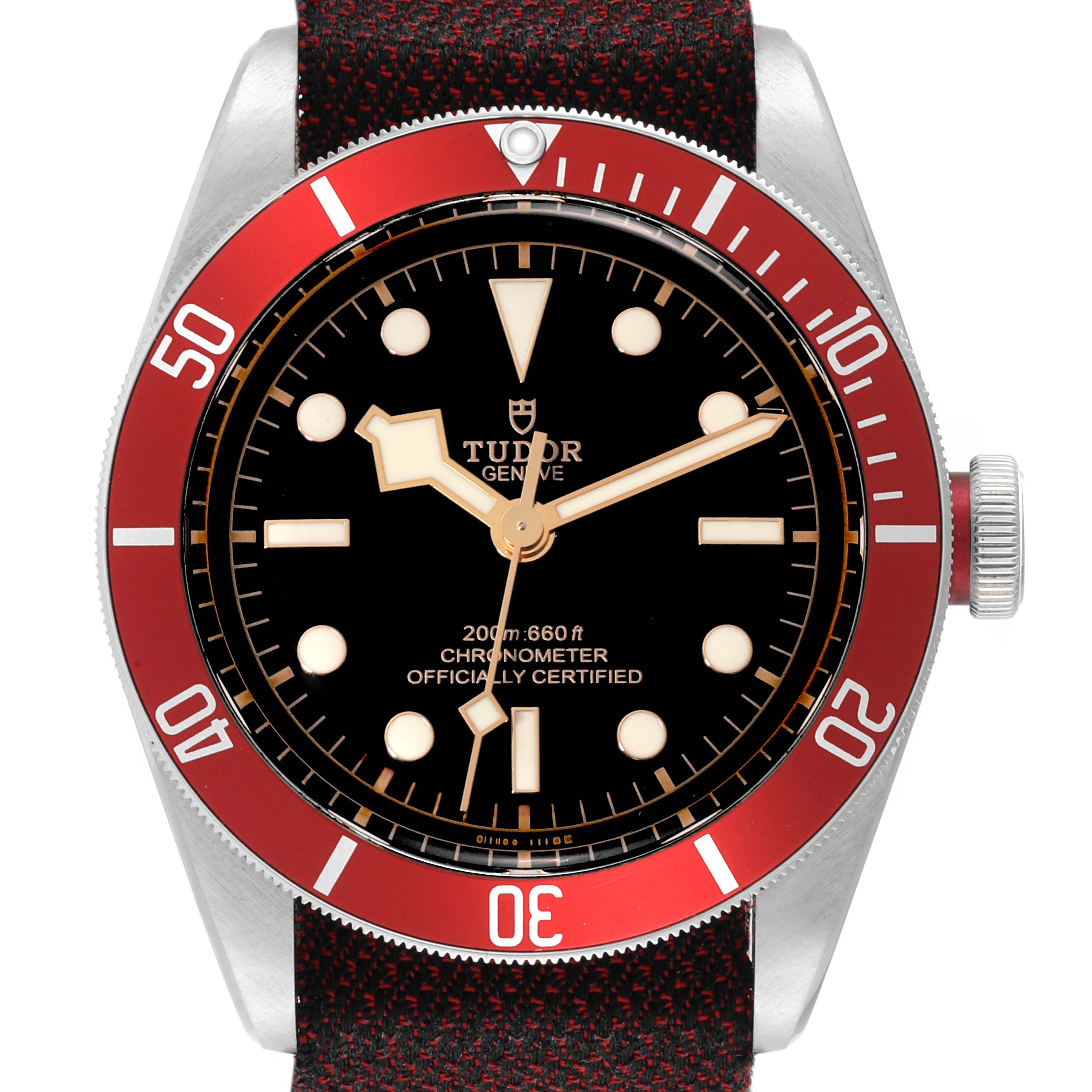 This image shows a front view of the Tudor Heritage Black Bay 79230R Men's Stainless Steel Black Dial 79230R Men's Stainless Steel Black Dial watch, highlighting its dial, bezel, hands, and strap.