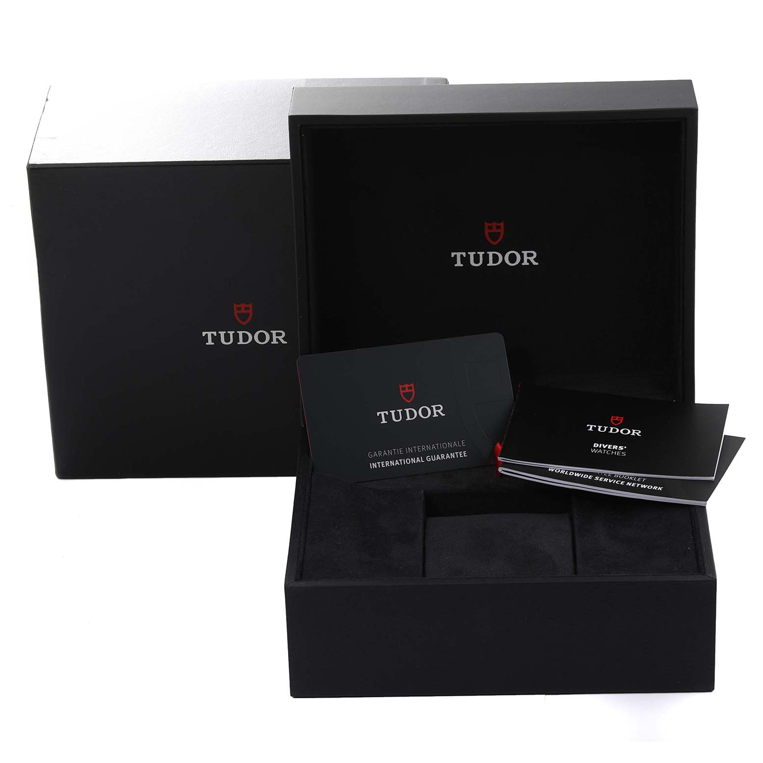 The image shows the packaging box, international guarantee card, and manuals of the Tudor Heritage Black Bay 79230R Men's Stainless Steel Black Dial 79230R Men's Stainless Steel Black Dial watch.