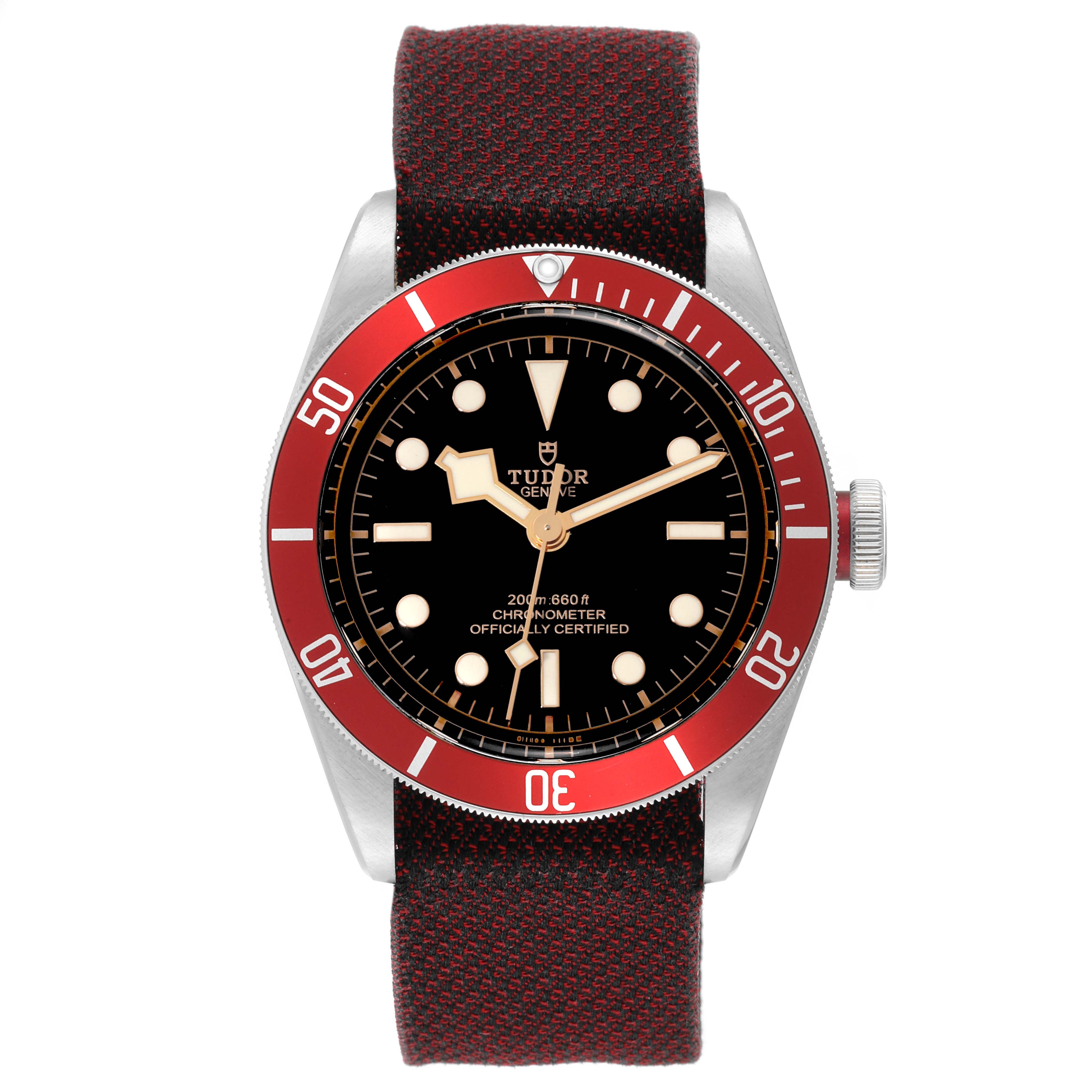 The Tudor Heritage Black Bay 79230R Men's Stainless Steel Black Dial 79230R Men's Stainless Steel Black Dial watch is shown from a front angle, highlighting the dial, bezel, and strap.