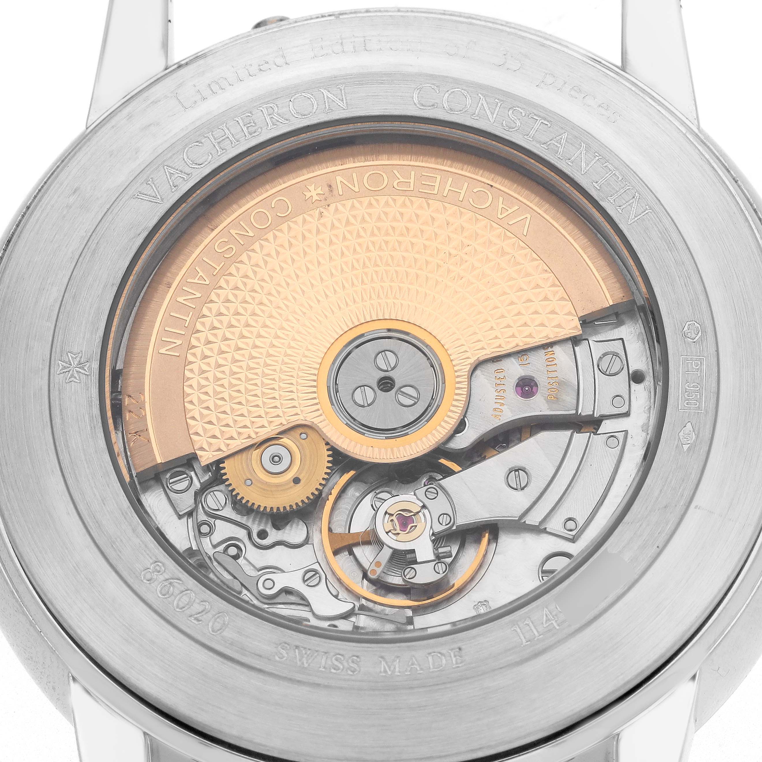 The image shows a back view of the Vacheron Constantin Patrimony 86020 Men
s Platinum Grey Dial watch, highlighting its intricate movement and rotor.
