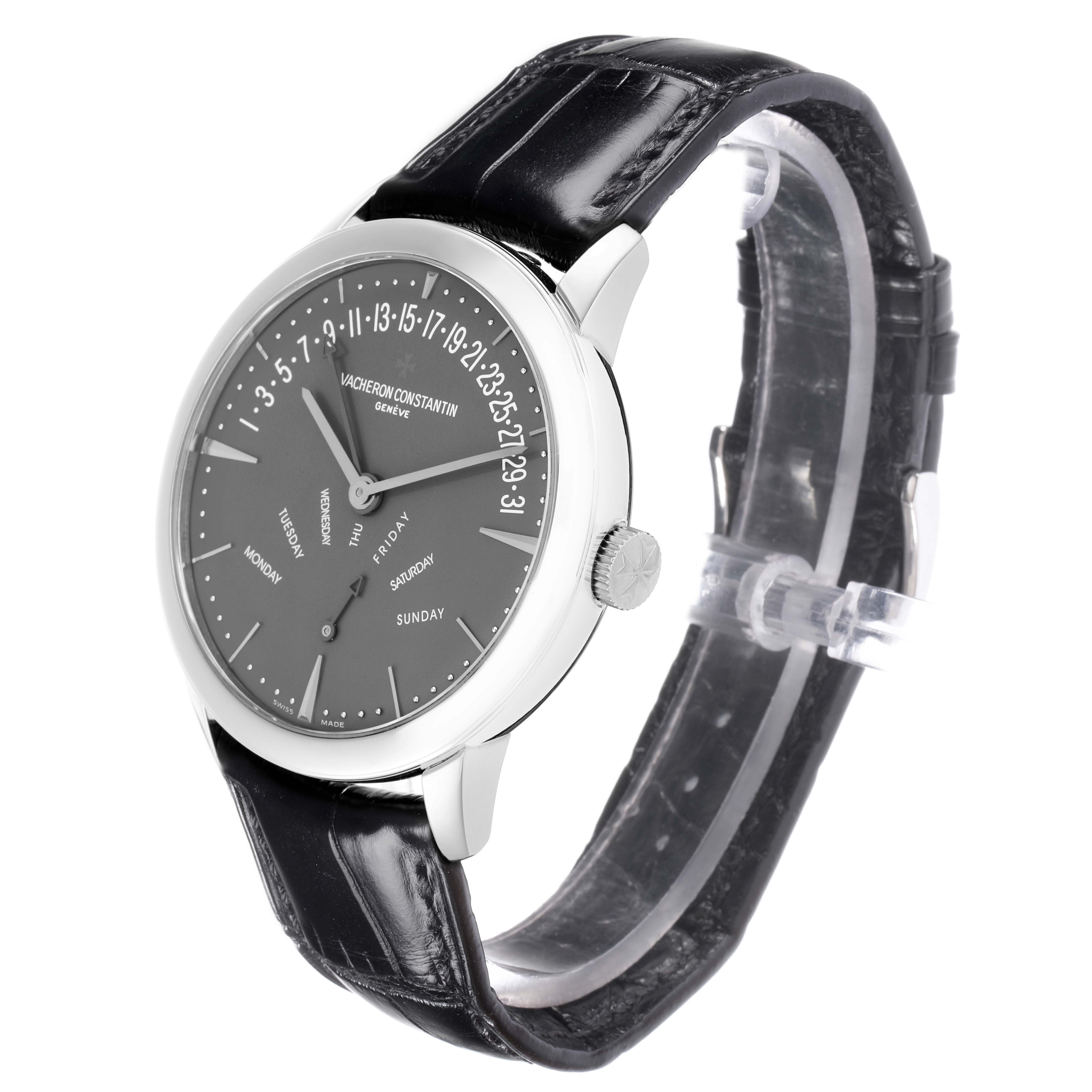 The Vacheron Constantin Patrimony 86020 Men
s Platinum Grey Dial watch is shown at a three-quarter angle, highlighting the face, crown, and leather strap.