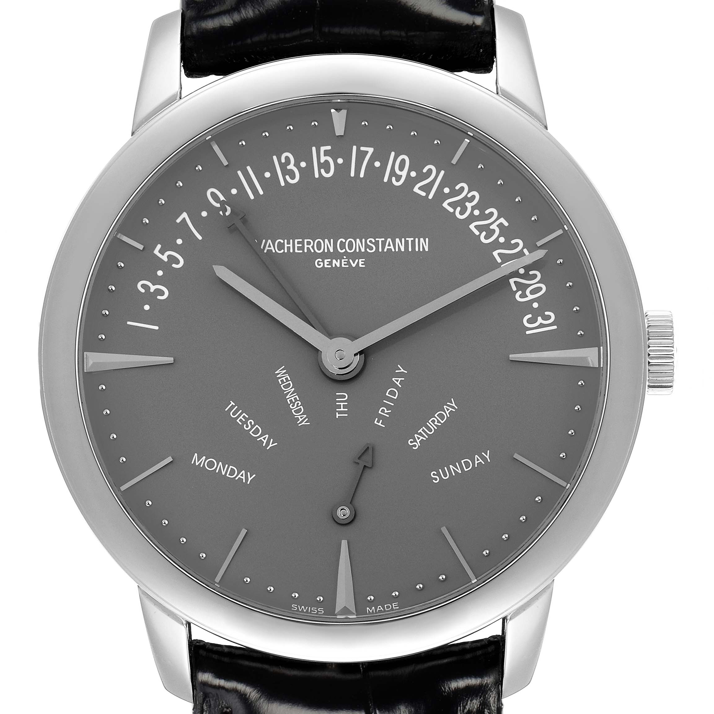The Vacheron Constantin Patrimony 86020 Men
s Platinum Grey Dial watch is shown in a front view, displaying its dial, hands, markers, and crown.