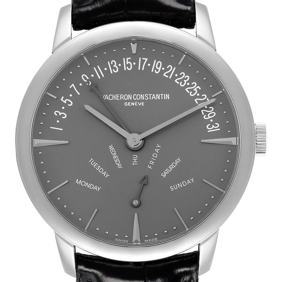 The Vacheron Constantin Patrimony 86020 Men's Platinum Grey Dial watch is shown in a front view, displaying its dial, hands, markers, and crown.