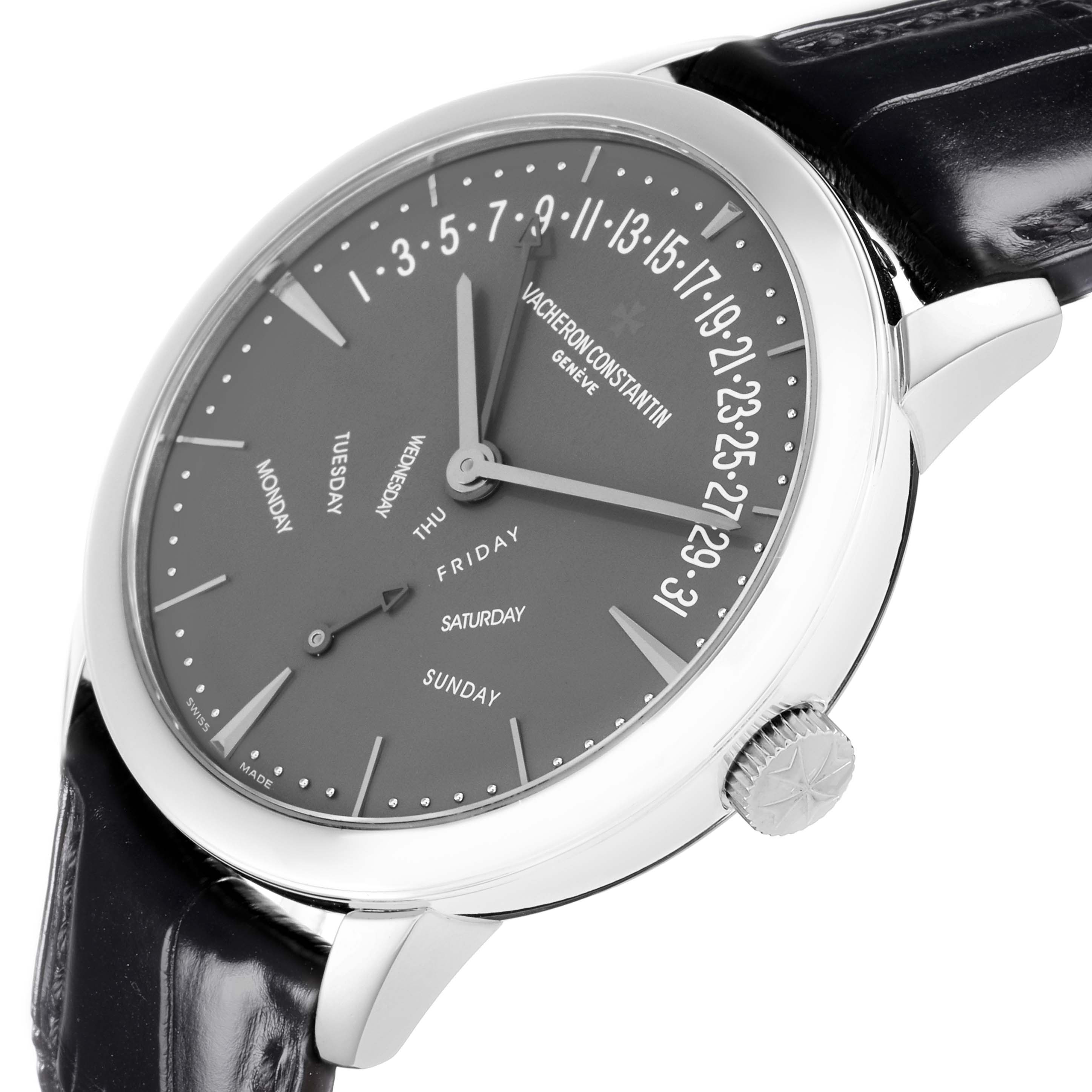 The Vacheron Constantin Patrimony 86020 Men
s Platinum Grey Dial watch is shown at a slight angle, highlighting the dial, case, crown, and leather strap.