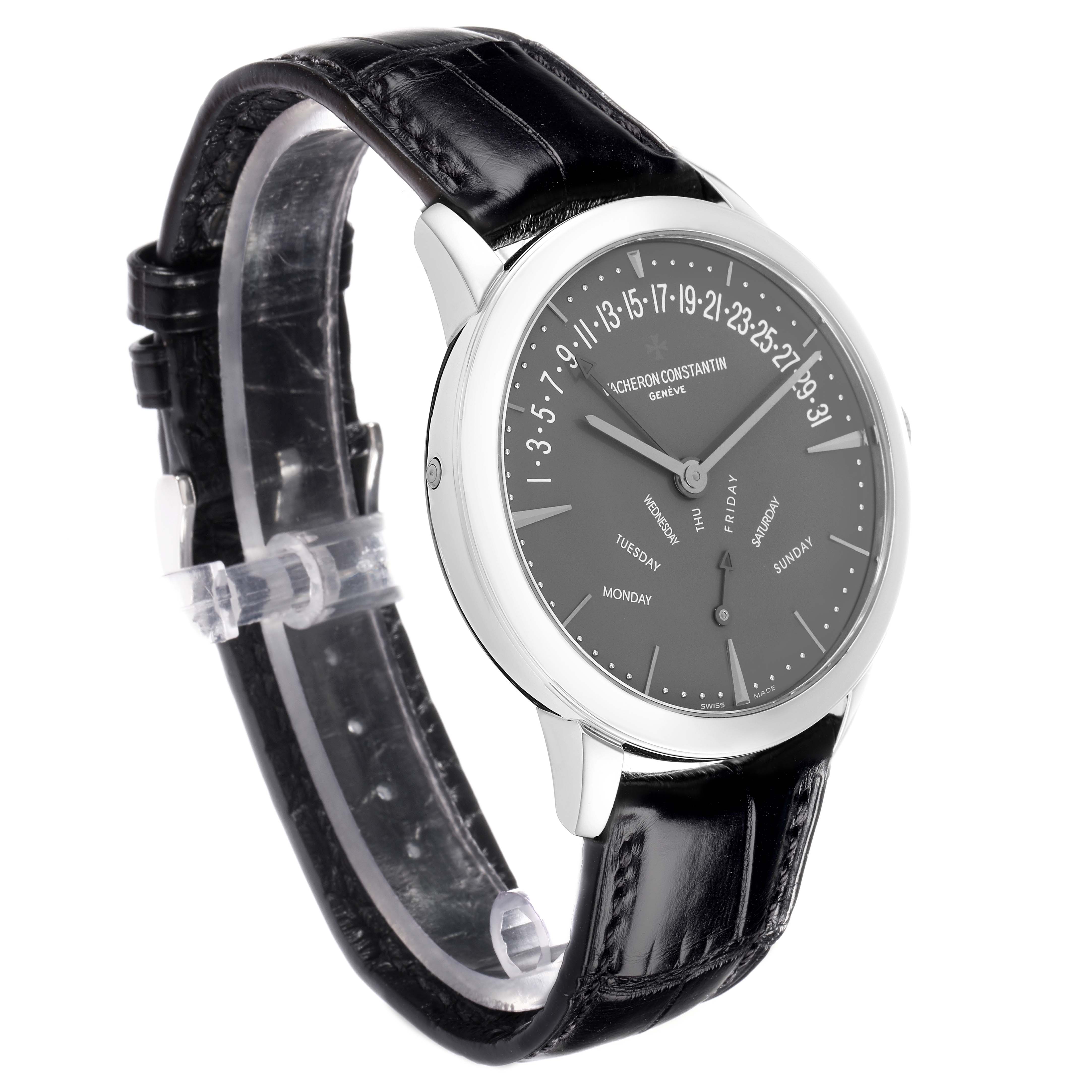 The Vacheron Constantin Patrimony 86020 Men
s Platinum Grey Dial watch is shown at a three-quarter angle, highlighting the dial, case, and leather strap.