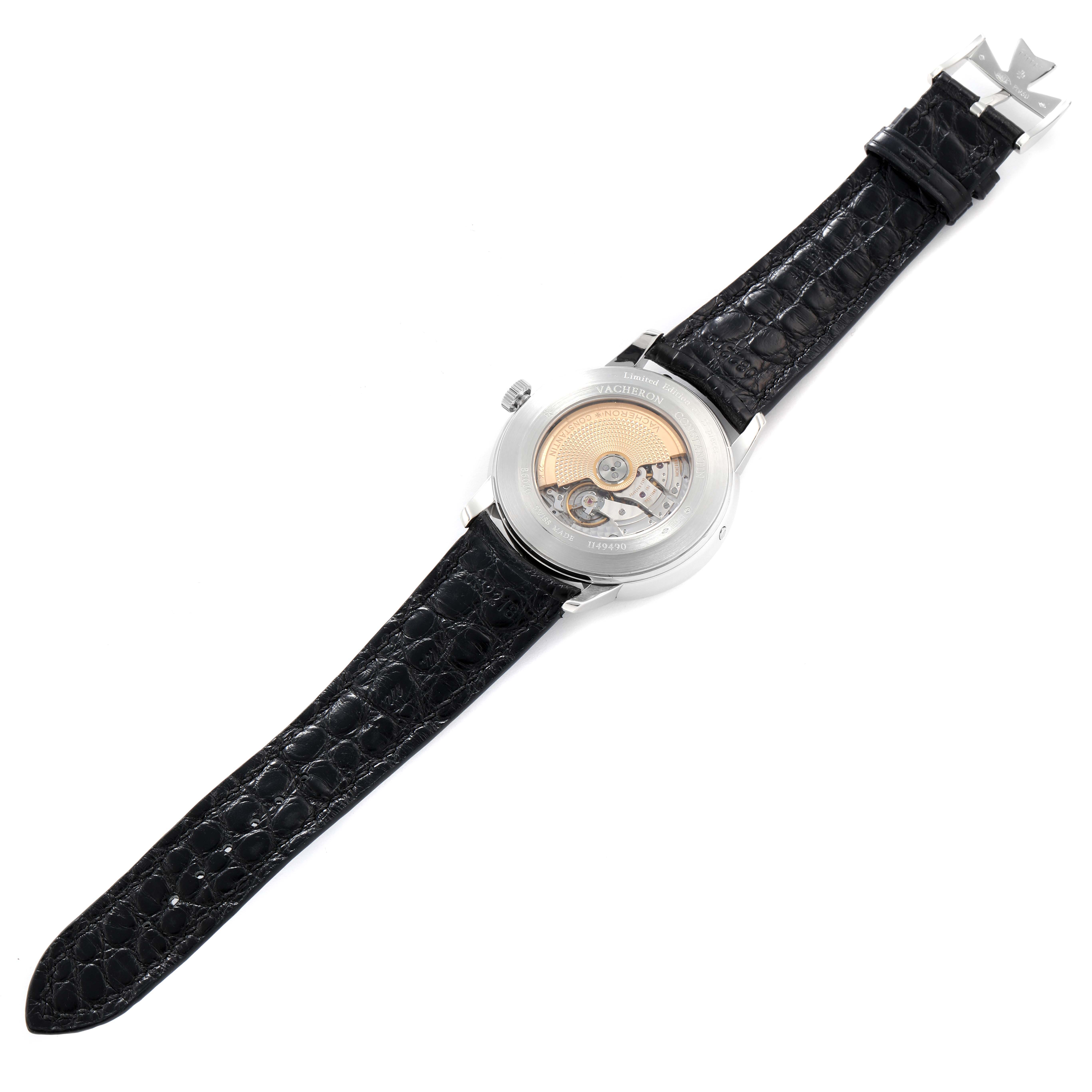 The Vacheron Constantin Patrimony 86020 Men
s Platinum Grey Dial watch is shown from the back, highlighting the movement and the black leather strap.