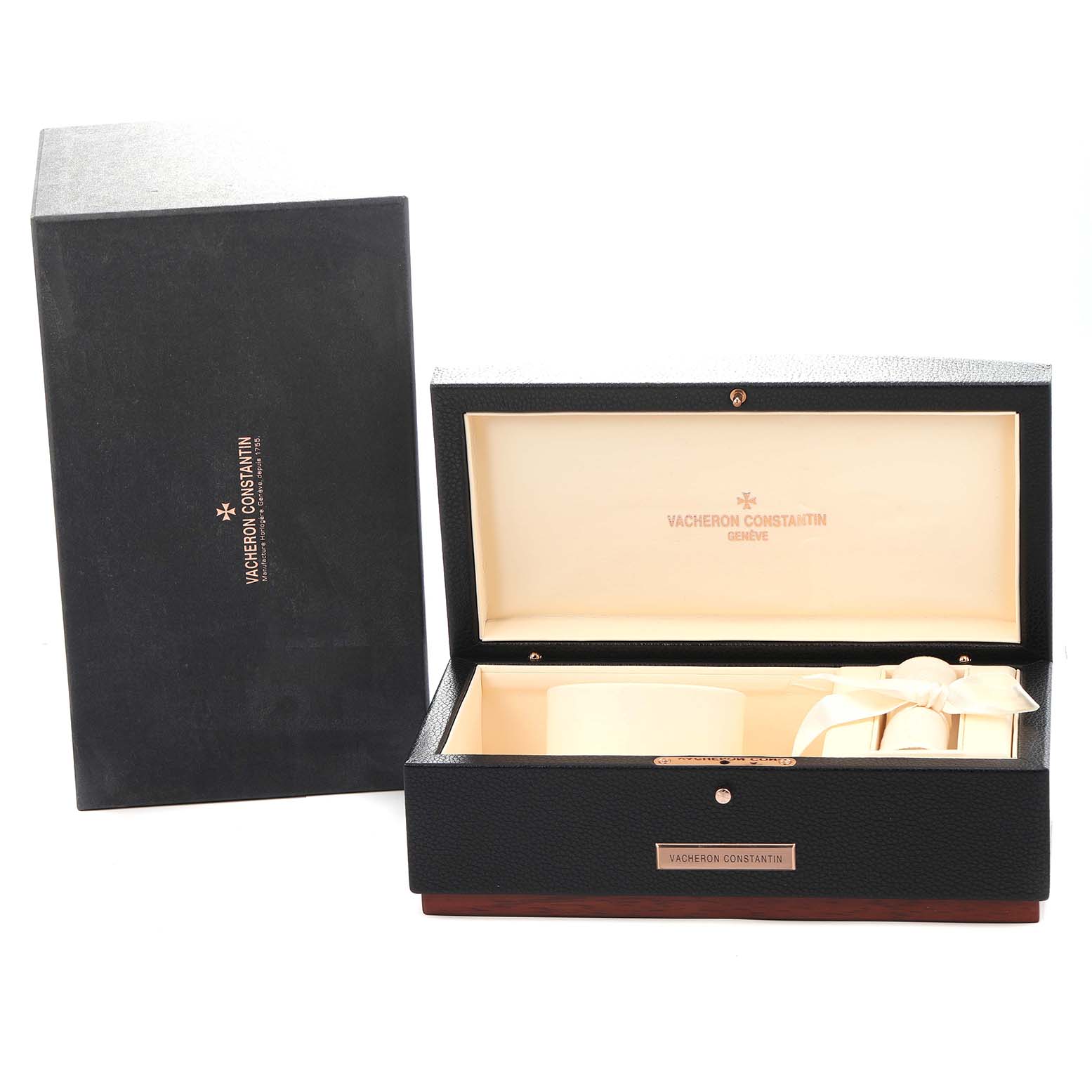The image shows a Vacheron Constantin Patrimony 86020 Men
s Platinum Grey Dial watch box and outer packaging, both open and angled to display the interior.