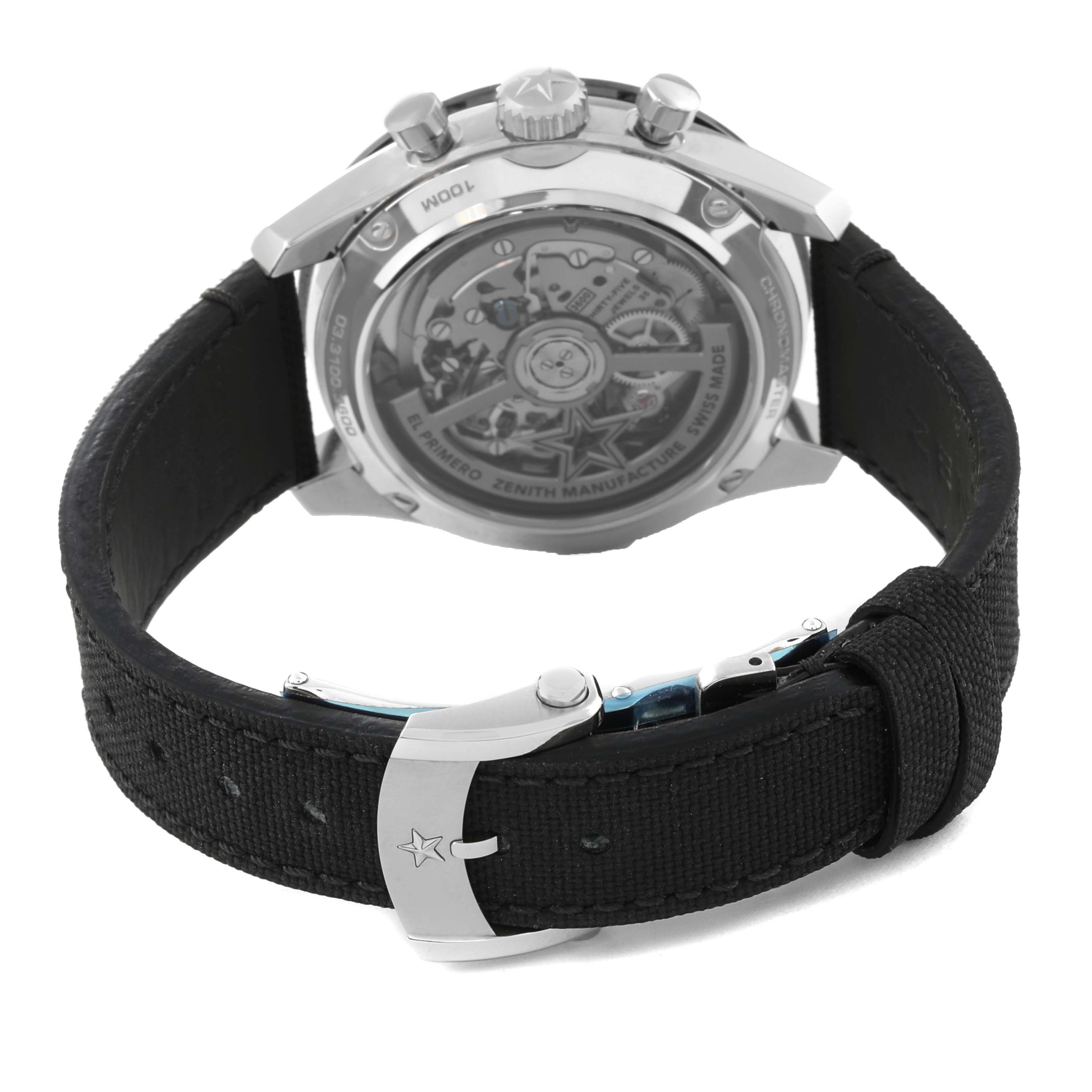 The image shows the back view of the Zenith Chronomaster 03.3100.3600/21.C822 Men's Stainless Steel Black Dial 03.3100.3600/21.C822 Men's Stainless Steel Black Dial watch, highlighting the open case back and the black strap with star detail on the buckle.