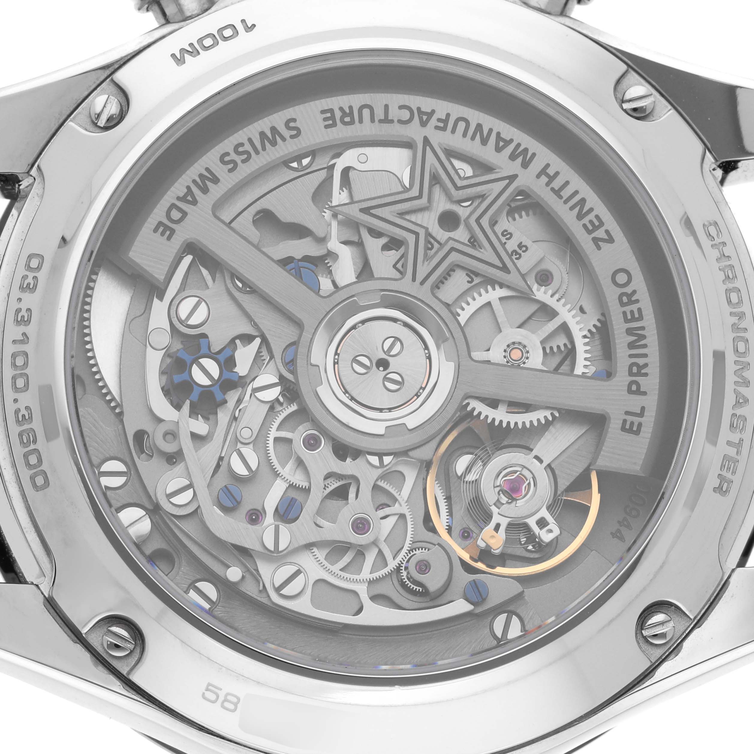 The image shows the back view of the Zenith Chronomaster 03.3100.3600/21.C822 Men's Stainless Steel Black Dial 03.3100.3600/21.C822 Men's Stainless Steel Black Dial, showcasing its intricate movement and internal mechanisms.