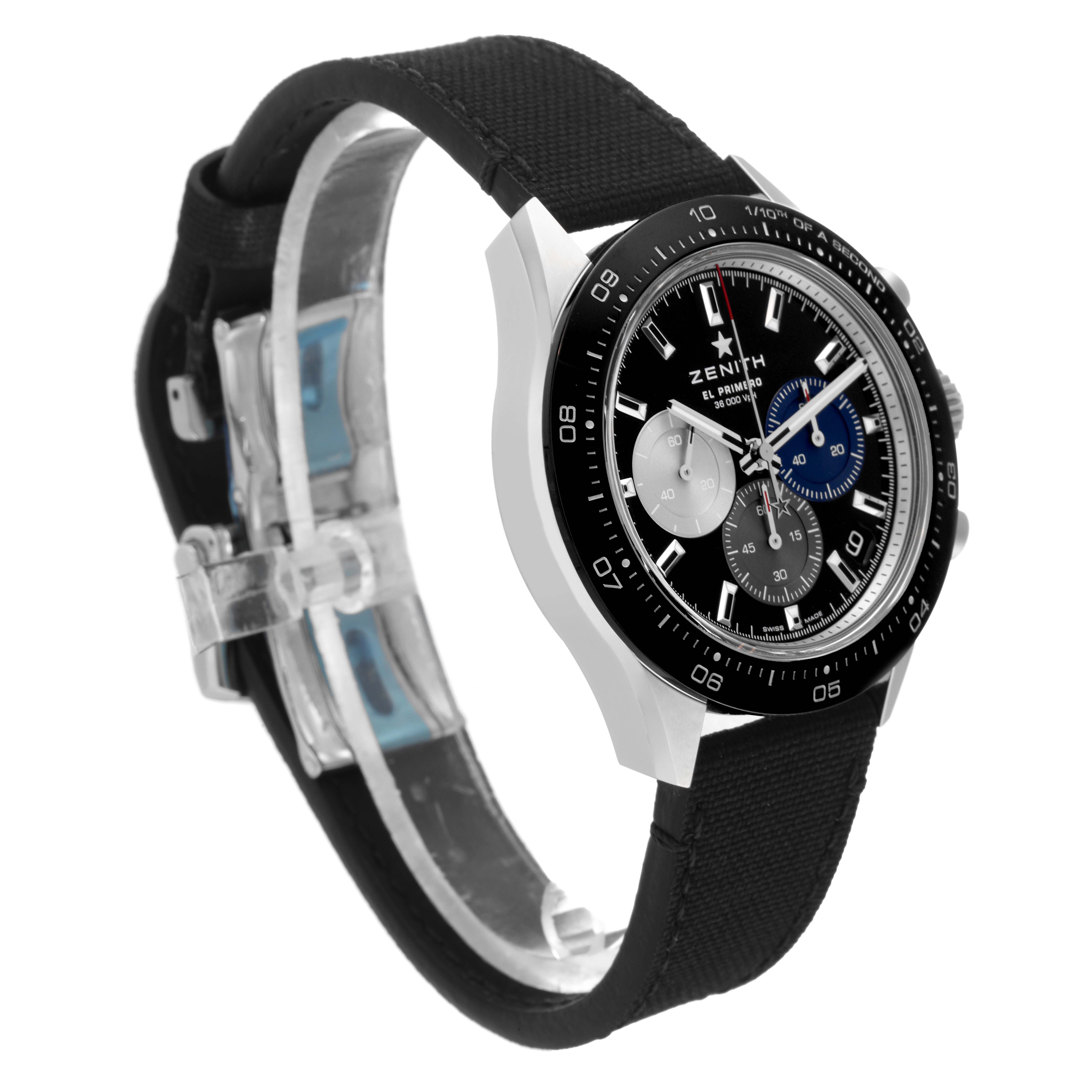 This image shows a Zenith Chronomaster 03.3100.3600/21.C822 Men's Stainless Steel Black Dial 03.3100.3600/21.C822 Men's Stainless Steel Black Dial watch from a three-quarter angle, highlighting the dial, bezel, and strap.