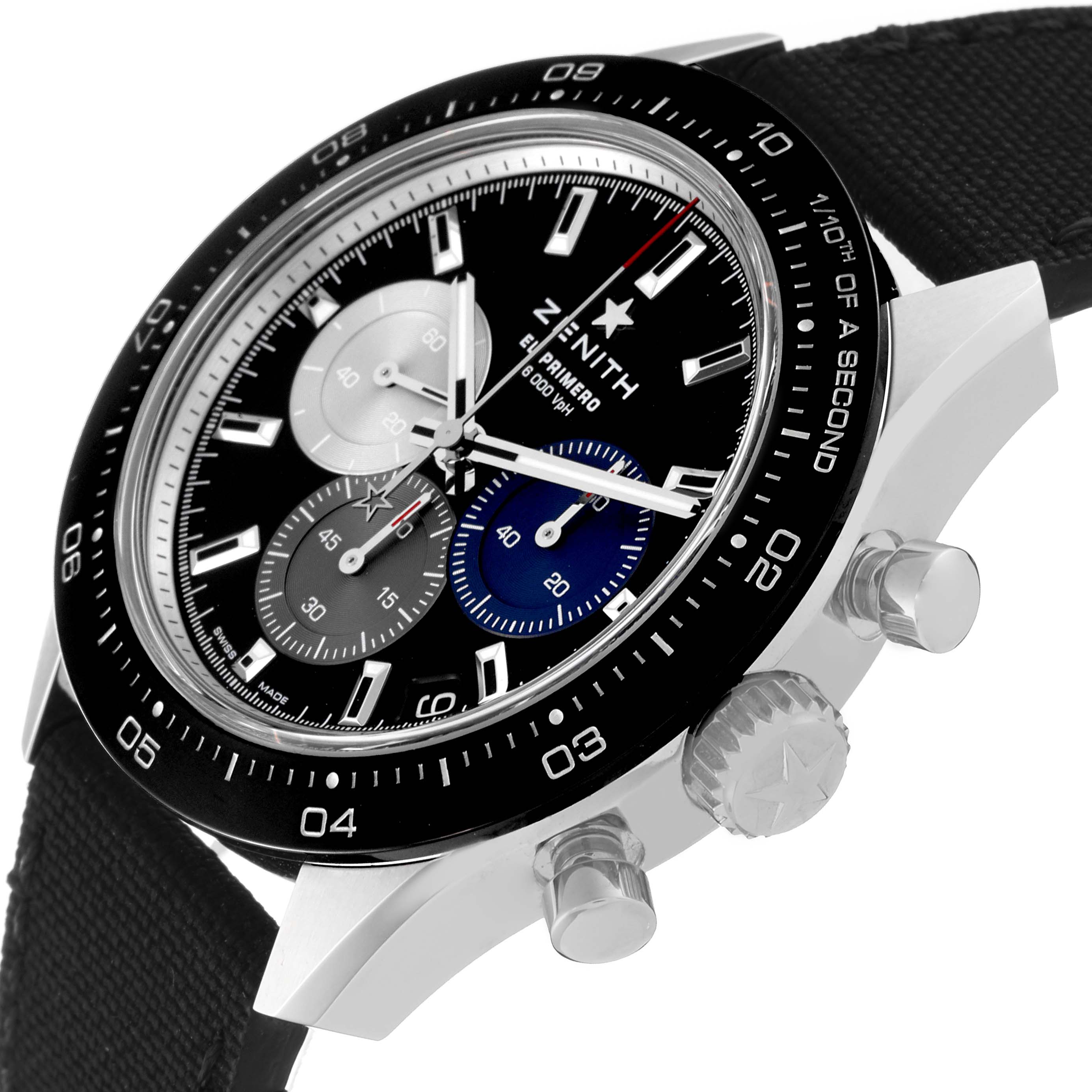 The image shows a close-up side angle of the Zenith Chronomaster 03.3100.3600/21.C822 Men's Stainless Steel Black Dial 03.3100.3600/21.C822 Men's Stainless Steel Black Dial watch, highlighting the dial, bezel, and pushers.