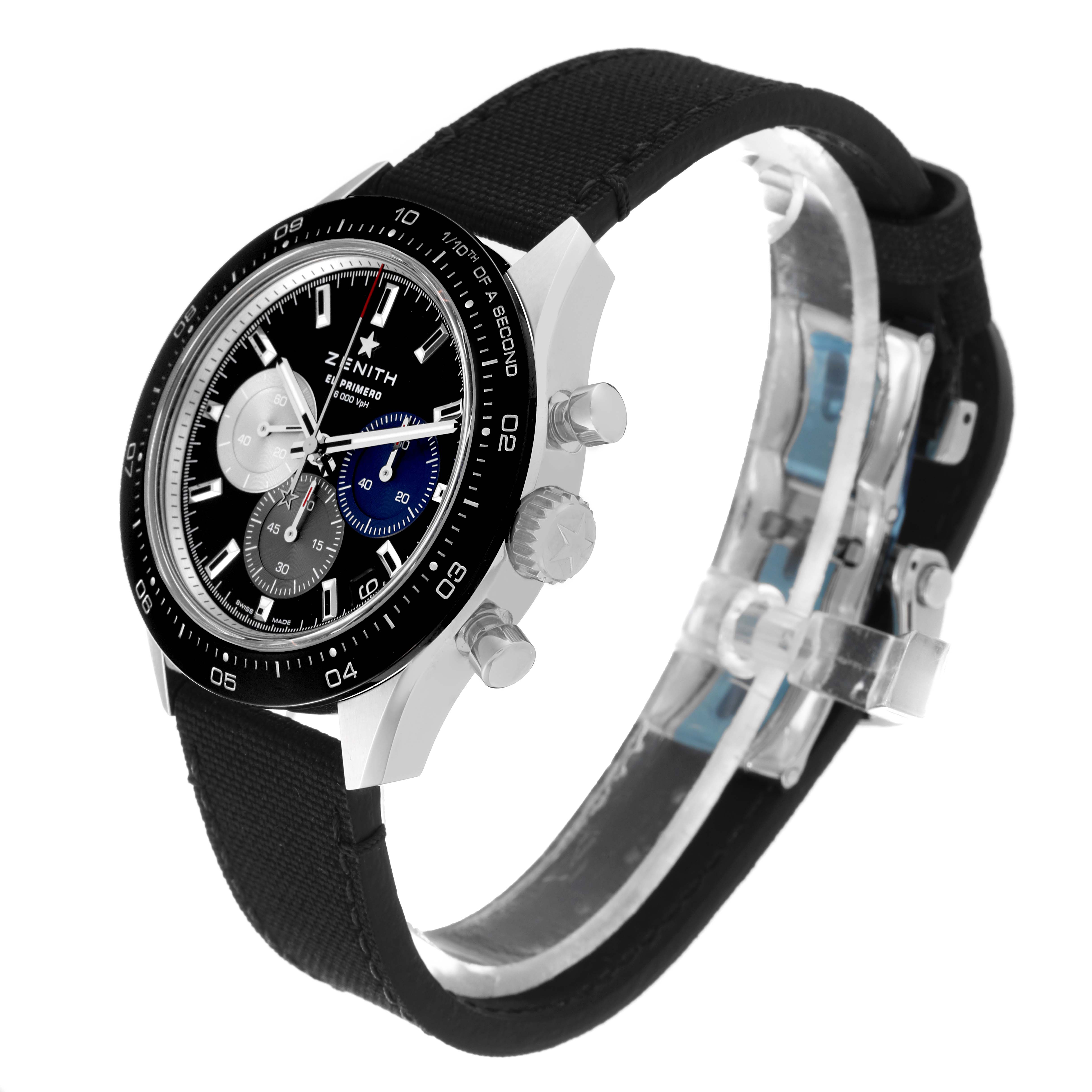 The Zenith Chronomaster 03.3100.3600/21.C822 Men's Stainless Steel Black Dial 03.3100.3600/21.C822 Men's Stainless Steel Black Dial watch is shown in a side angle, highlighting the case, dial, chronograph buttons, and strap.