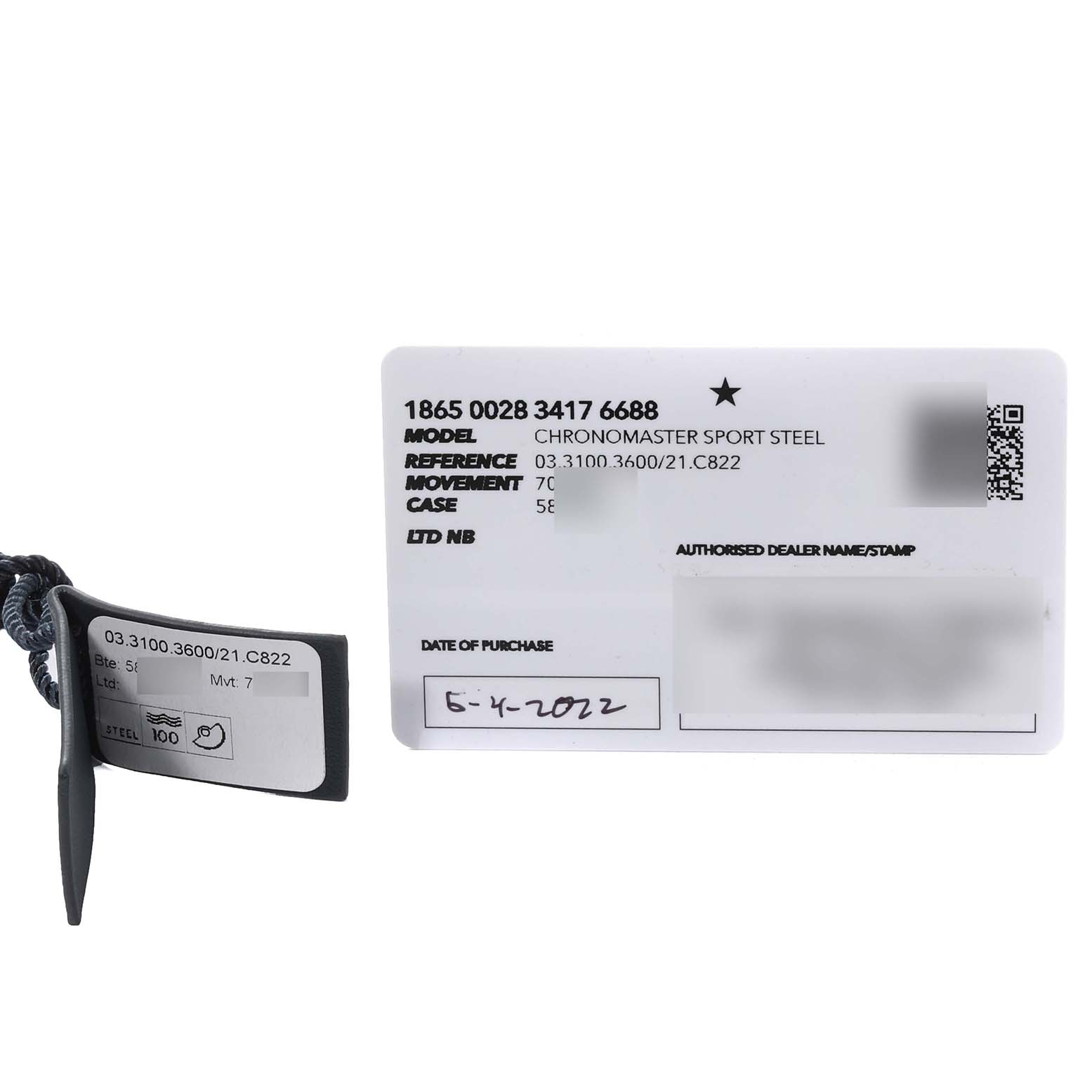 This image shows a warranty card and tag for the Zenith Chronomaster 03.3100.3600/21.C822 Men's Stainless Steel Black Dial 03.3100.3600/21.C822 Men's Stainless Steel Black Dial Sport Steel watch model.