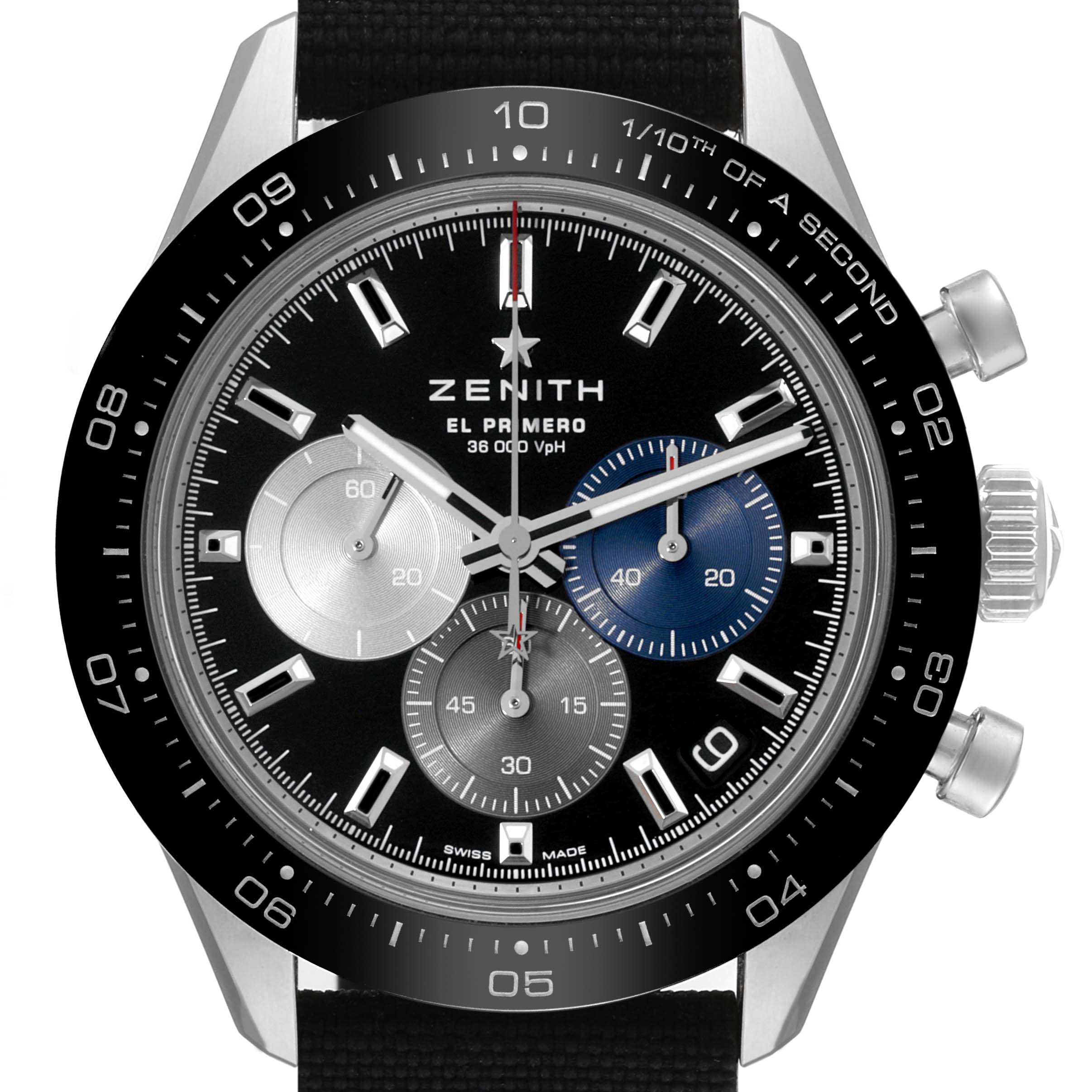 The image shows a front view of the Zenith Chronomaster 03.3100.3600/21.C822 Men's Stainless Steel Black Dial 03.3100.3600/21.C822 Men's Stainless Steel Black Dial watch, displaying its black dial, sub-dials, and bezels with time markers.