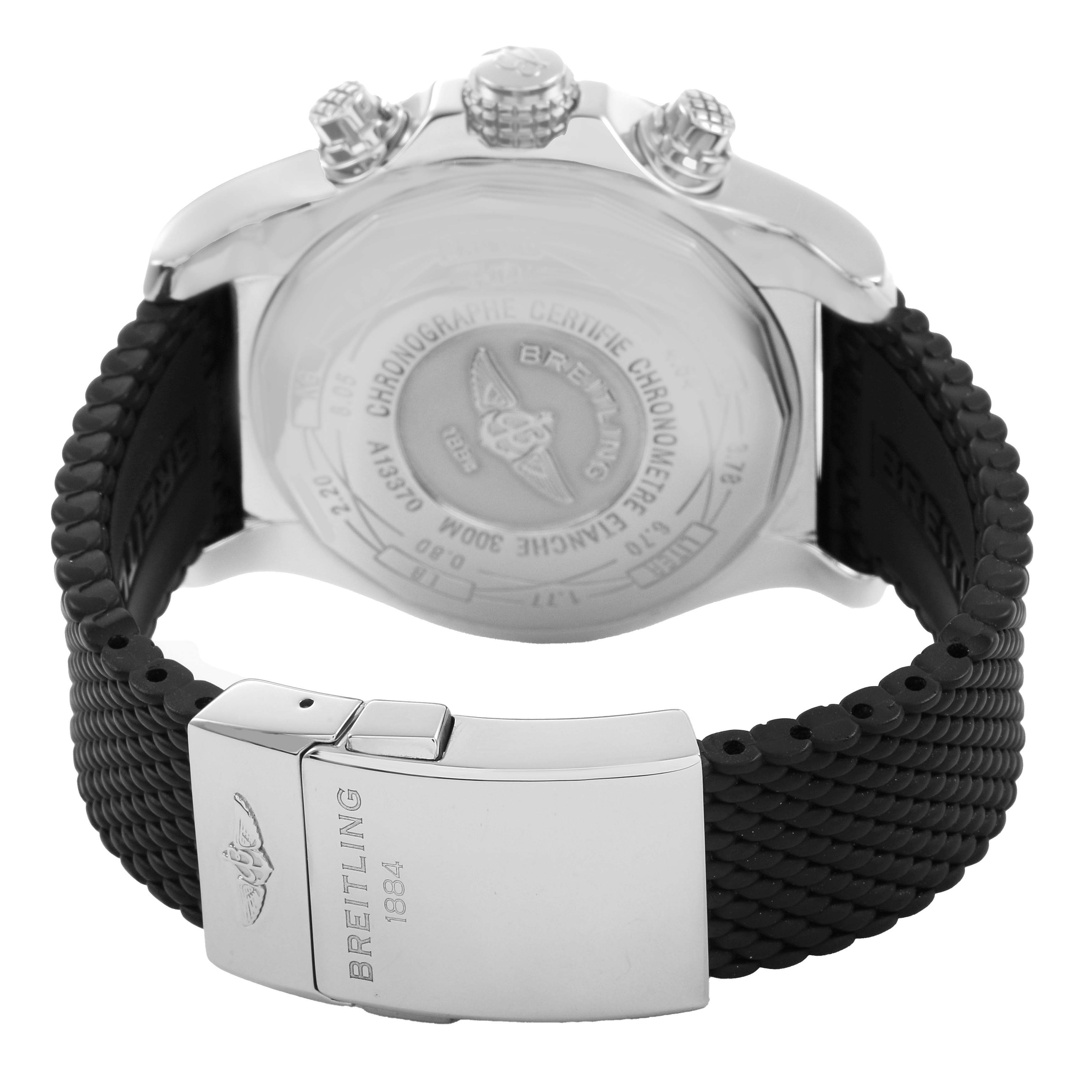 The image shows the back and side of the Breitling Avenger A1337011/A699 Men's Stainless Steel White Dial watch, highlighting the case back, crown, pushers, and clasp.